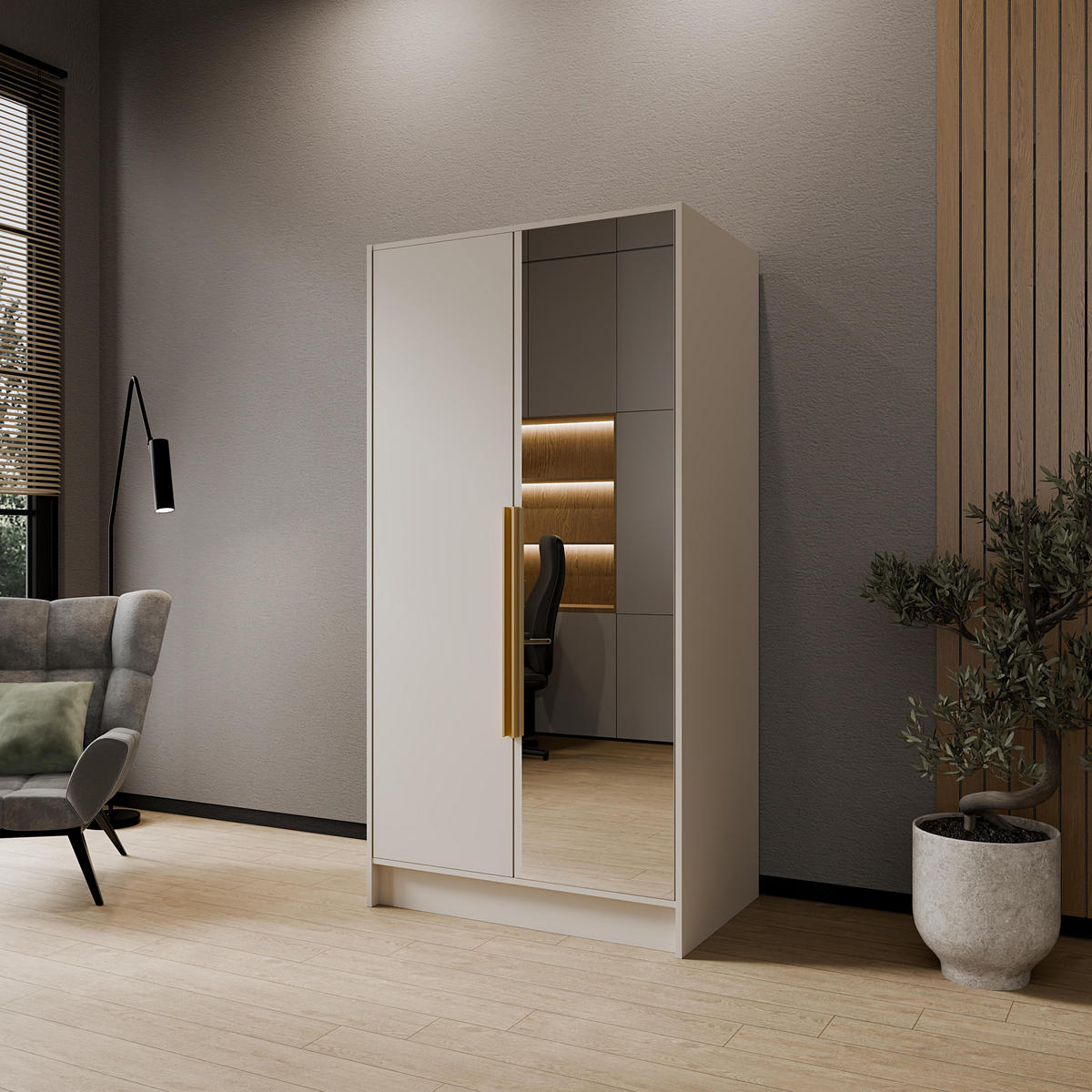 DREHTÜRENSCHRANK RENVO 102/200/51 cm Modern Kleiderschrank 2-türig mit Spiegel Kaschmir - Kaschmir, Holzwerkstoff (102/200/51cm) - MASSENO