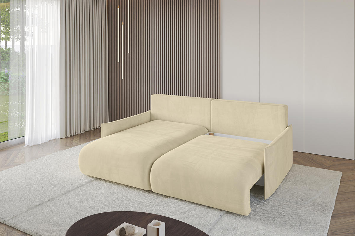 ECKSOFA mit Schlaffunktion und Bettkasten ONESK-L -v1 208x165x40 Beige Velours - Beige, Holzwerkstoff/Kunststoff (208/165cm) - ALTDECOR