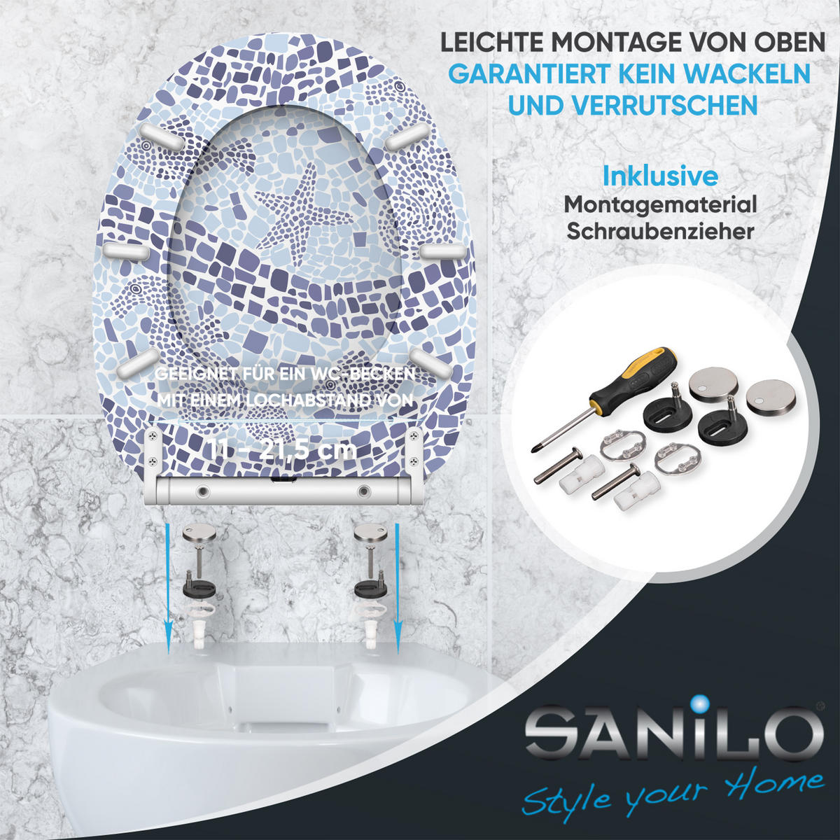 WC-SITZ mit Absenkautomatik & Top Fix Mosaic World - Blau, Holzwerkstoff (37.7/5.5/48cm) - Sanilo