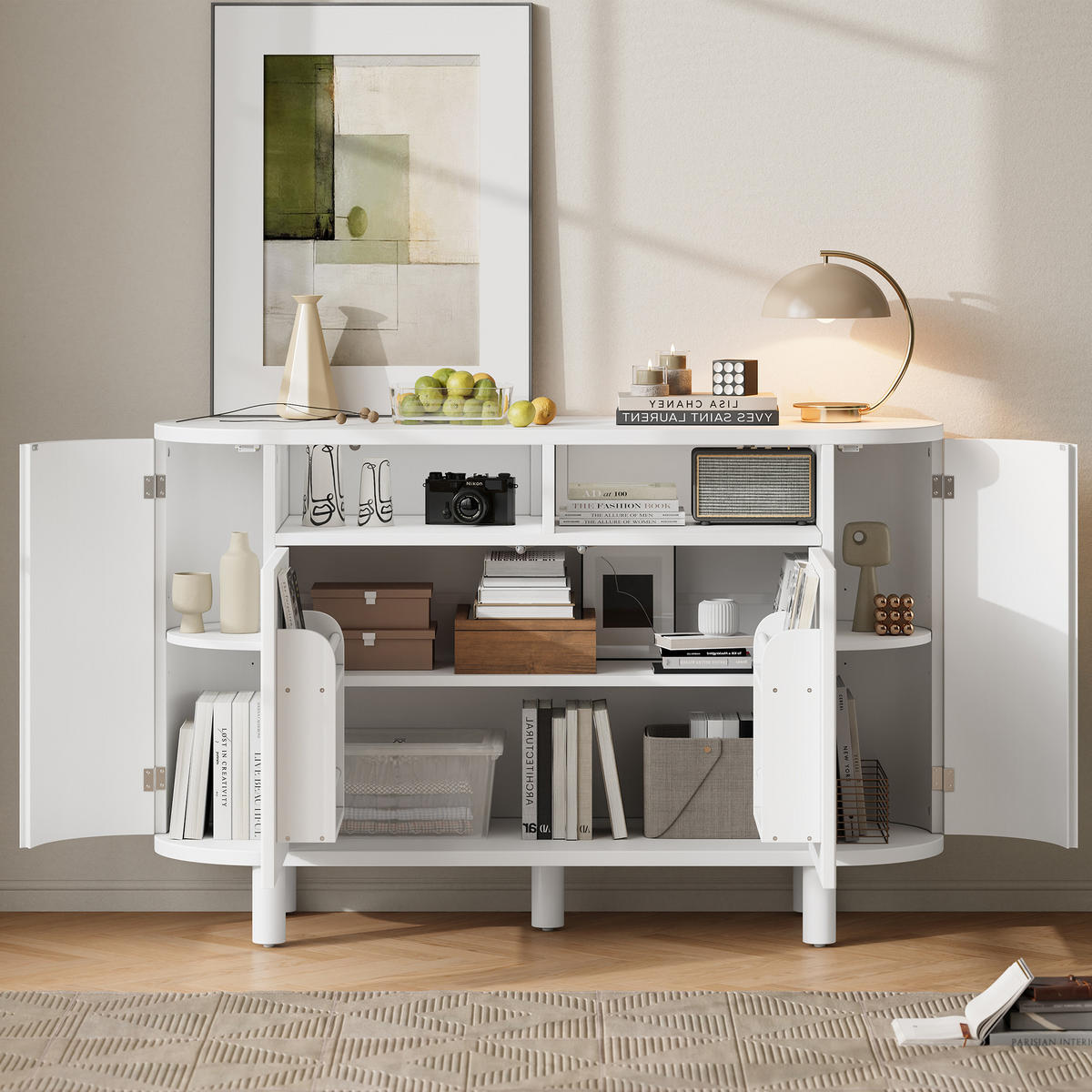 SIDEBOARD 120/38/77 cm in Weiß mit 2 Türen & offenem Fach - Weiß, Holzwerkstoff (120/77/38cm) - BEAOK