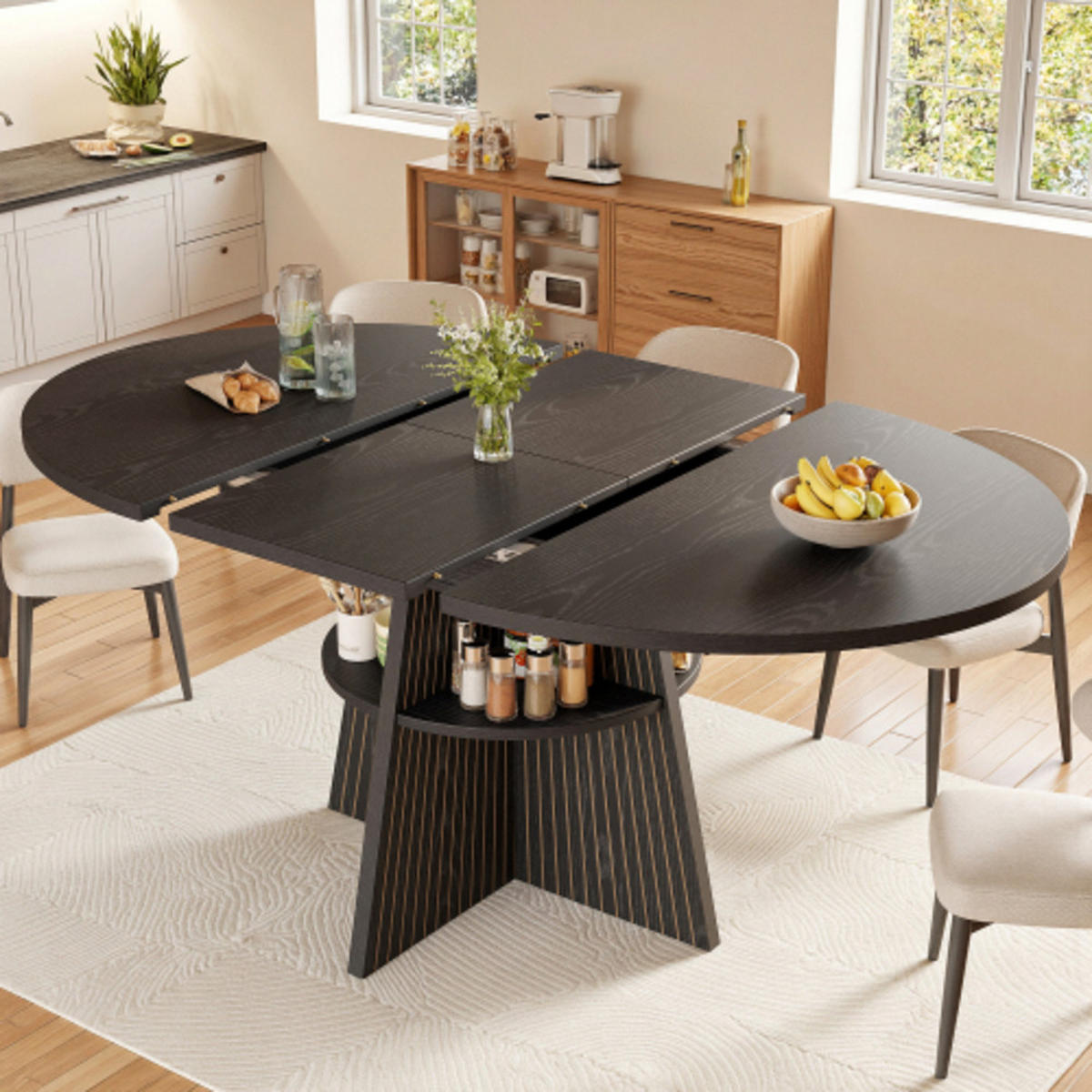 ESSTISCH Ausziehbarer 110-150×110×76 cm aus MDF und Metall mit Säulenfüßen und unterer Ablage, schwarz - Schwarz, Holzwerkstoff (150/110/76cm) - Luhomfu