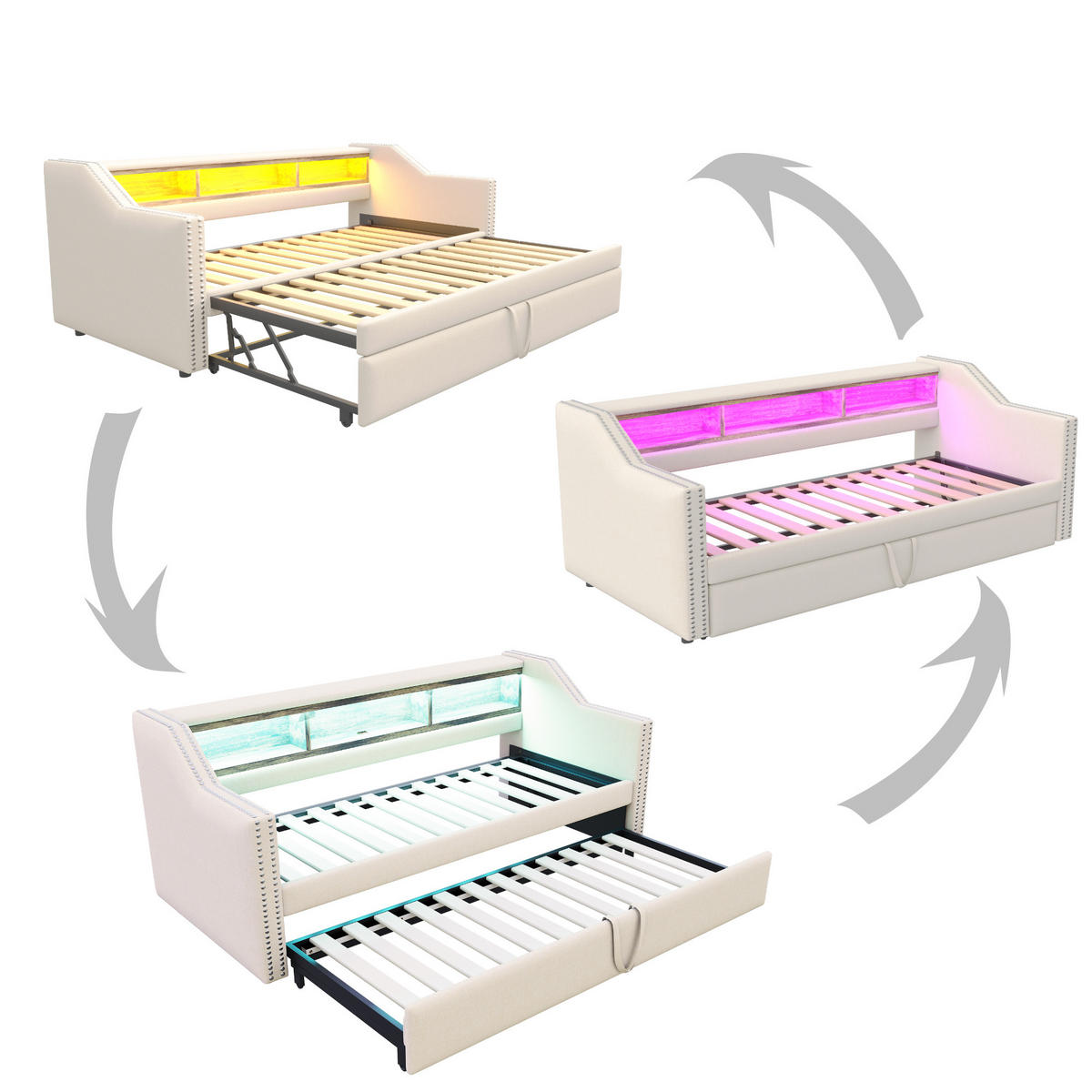 POLSTERBETT Ausziehbares Schlafsofa 90/190 cm und 180/190 cm Staufach mit LED und USB-Buchse aus Leinen - Beige, Textil (90/190cm) - OKWISH