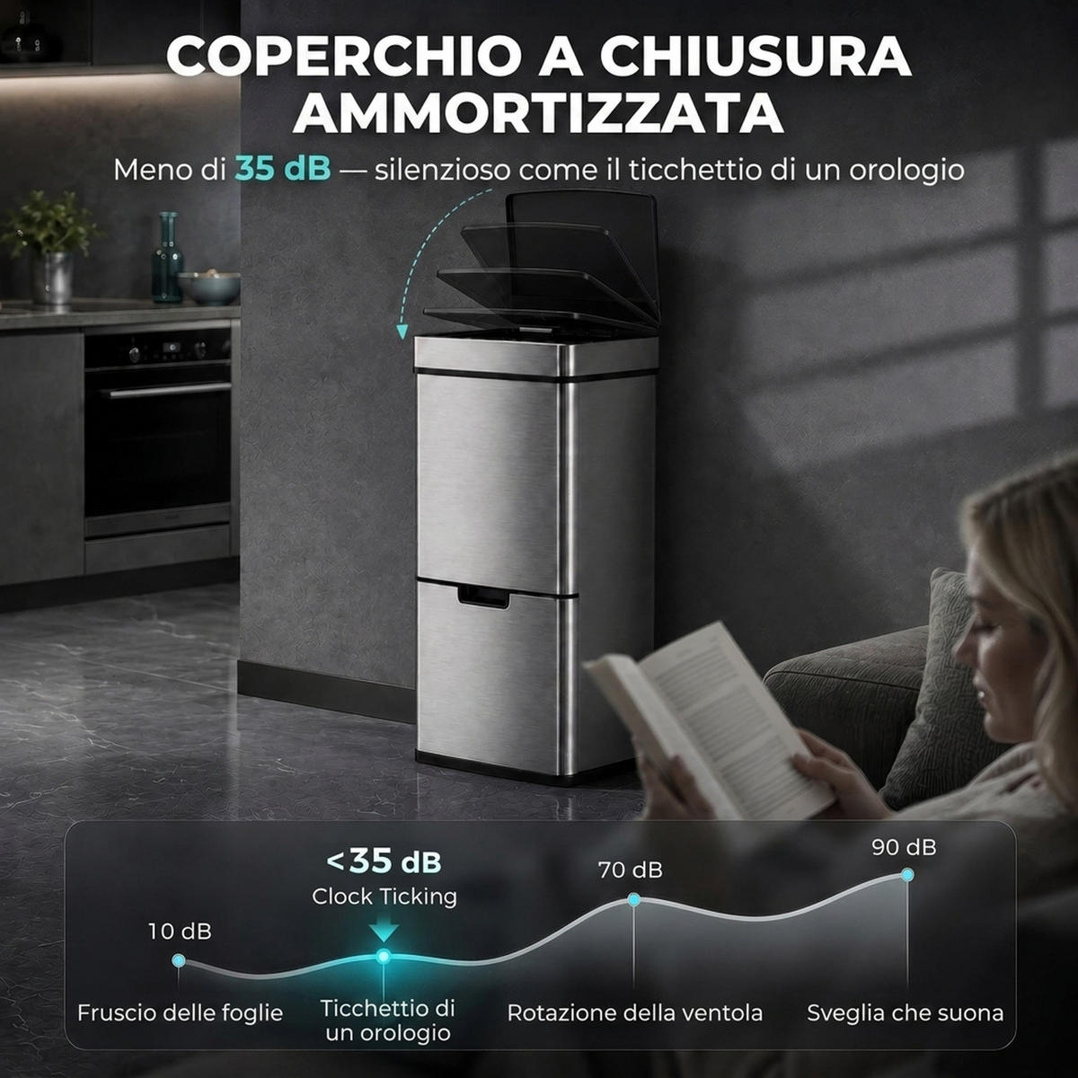 MÜLLEIMER MIT SENSOR 72L 42/81/30 cm Edelstahl Silberfarben Mülltrennsystem 3 Fächer Küche - Silberfarben, Metall (30/81/42cm) - Rolipo