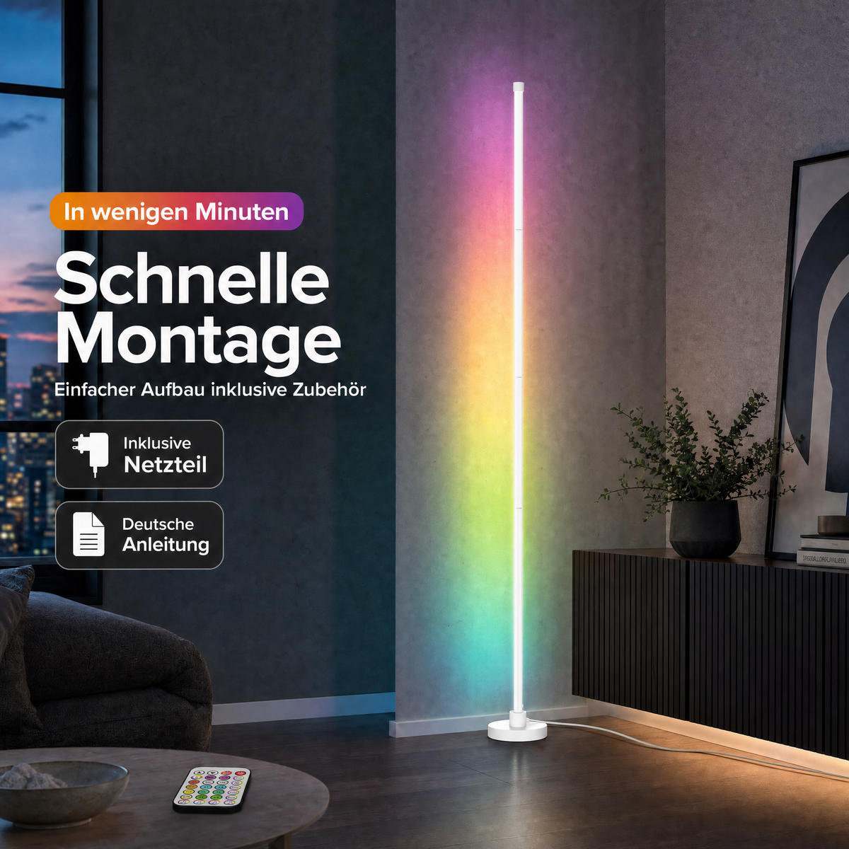 LED-ECKLAMPE - mit Fernbedienung und Soundsensor für RGB- und warmweißes Licht - Weiß, Kunststoff (15.5/15.5/147.5cm) - Northpoint