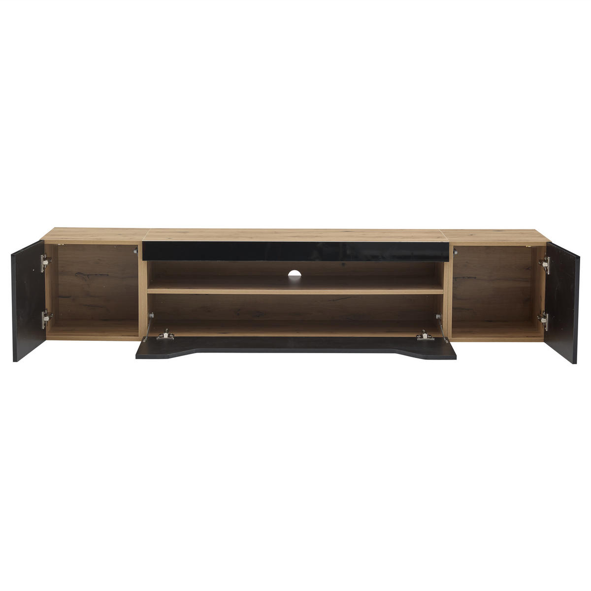 TV-LOWBOARD aus Spanplatte 180x37x36 cm Schwarz/Natur mit LED-Beleuchtung, wandmontiert und Hochglanzfront - Schwarz, Holzwerkstoff (180/36/37cm) - Modfu