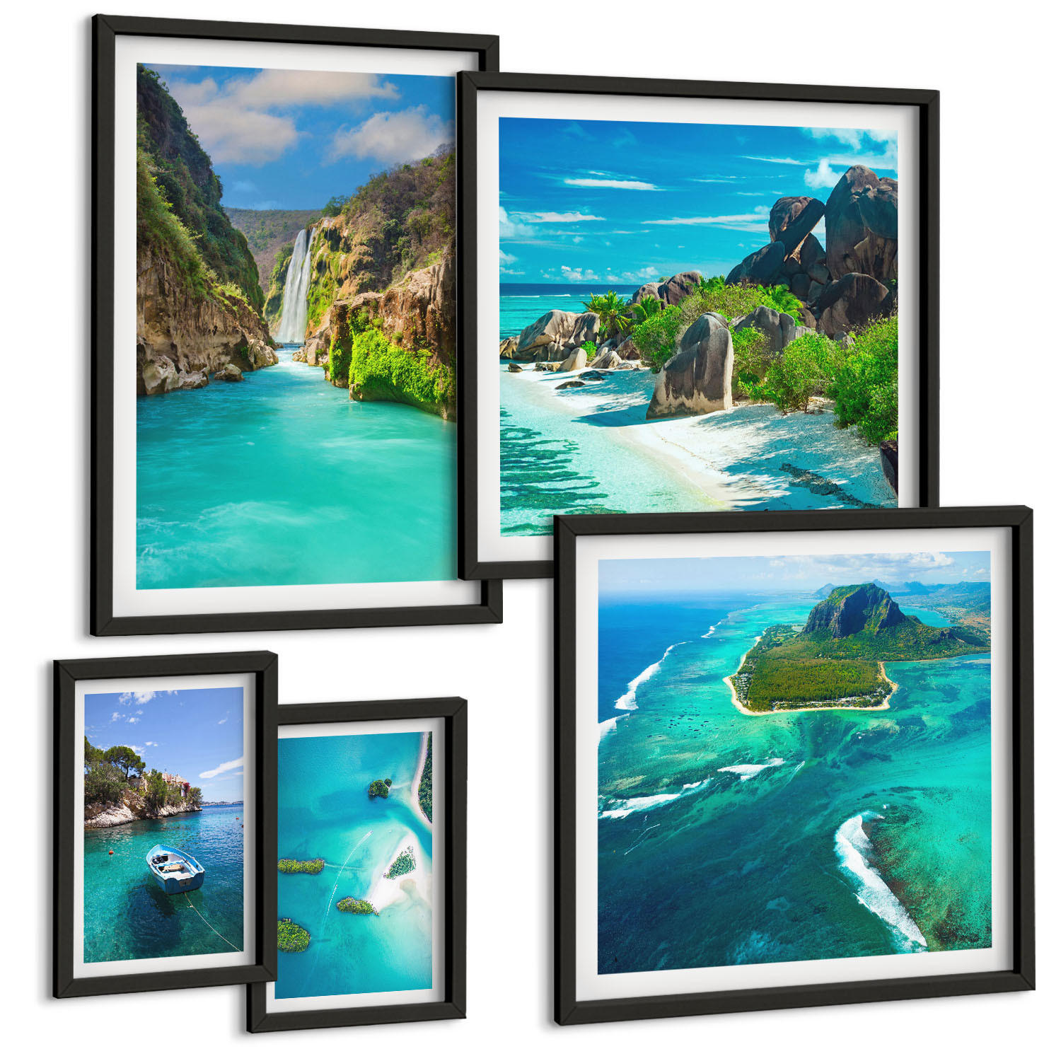 BILDER SET 5er Set - 50x50 cm & 20x30 cm & 40x60 cm Schwarzer Rahmen - Seeboote Hirsche Berge - Schwarz, Kunststoff (40/60cm) - TULUP