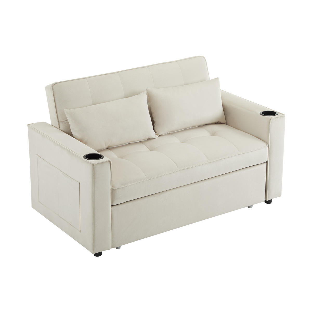 SCHLAFSOFA Multifunktion mit Getränkehalter und 2 Kissen Samt Beige 137/76,5/83 cm - Beige, Textil (137/83/76.5cm) - OKWISH