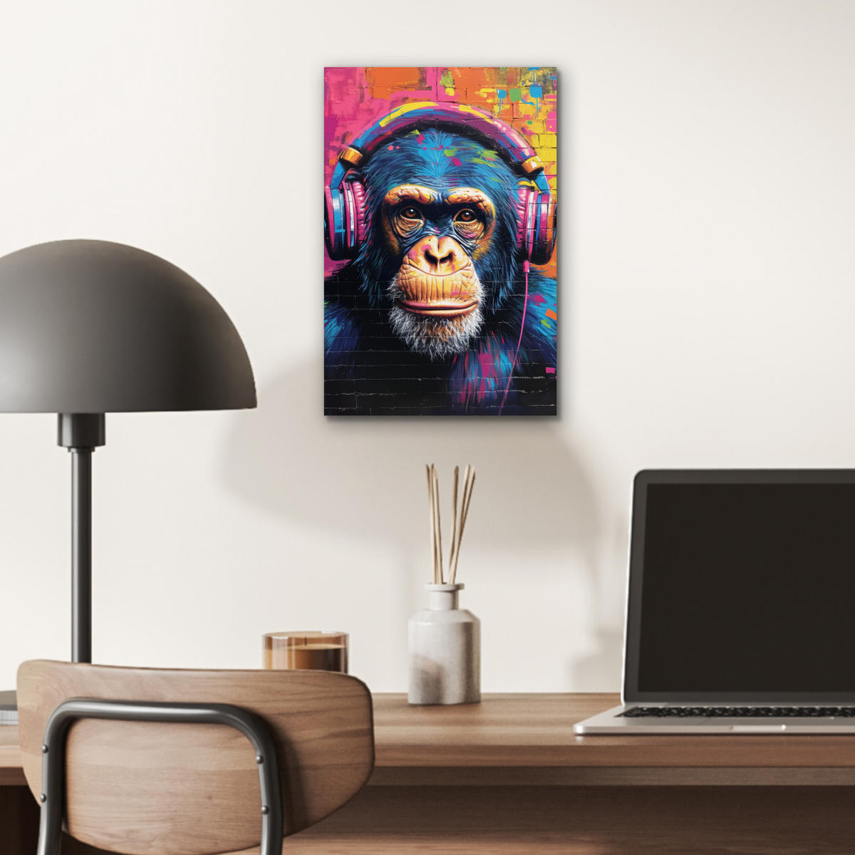 KOVOVÝ OBRAZ Graffiti - Šimpanz - Street art - Slúchadlá - Opica 20x30 cm - modrá, kov (20/30cm) - MuchoWow