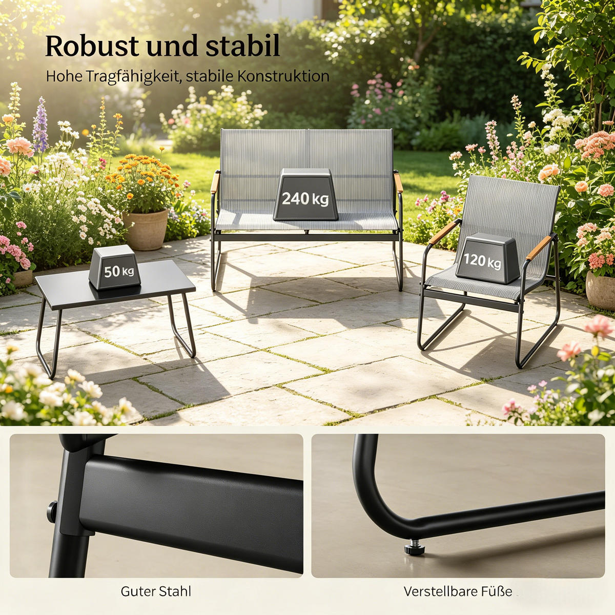 GARTENMÖBEL-SET Grau 4-teilig mit Glastisch & Armlehnen in Holz-Optik - Grau, Metall - PANGIVO