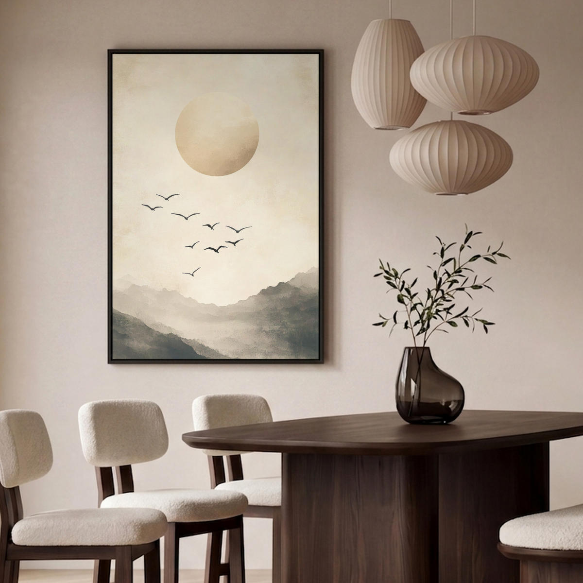 LEINWAND Bilder mit Rahmen - Landschaft - Japandi - Vogel - 100x150 - Beige, Textil (100/150cm) - MuchoWow