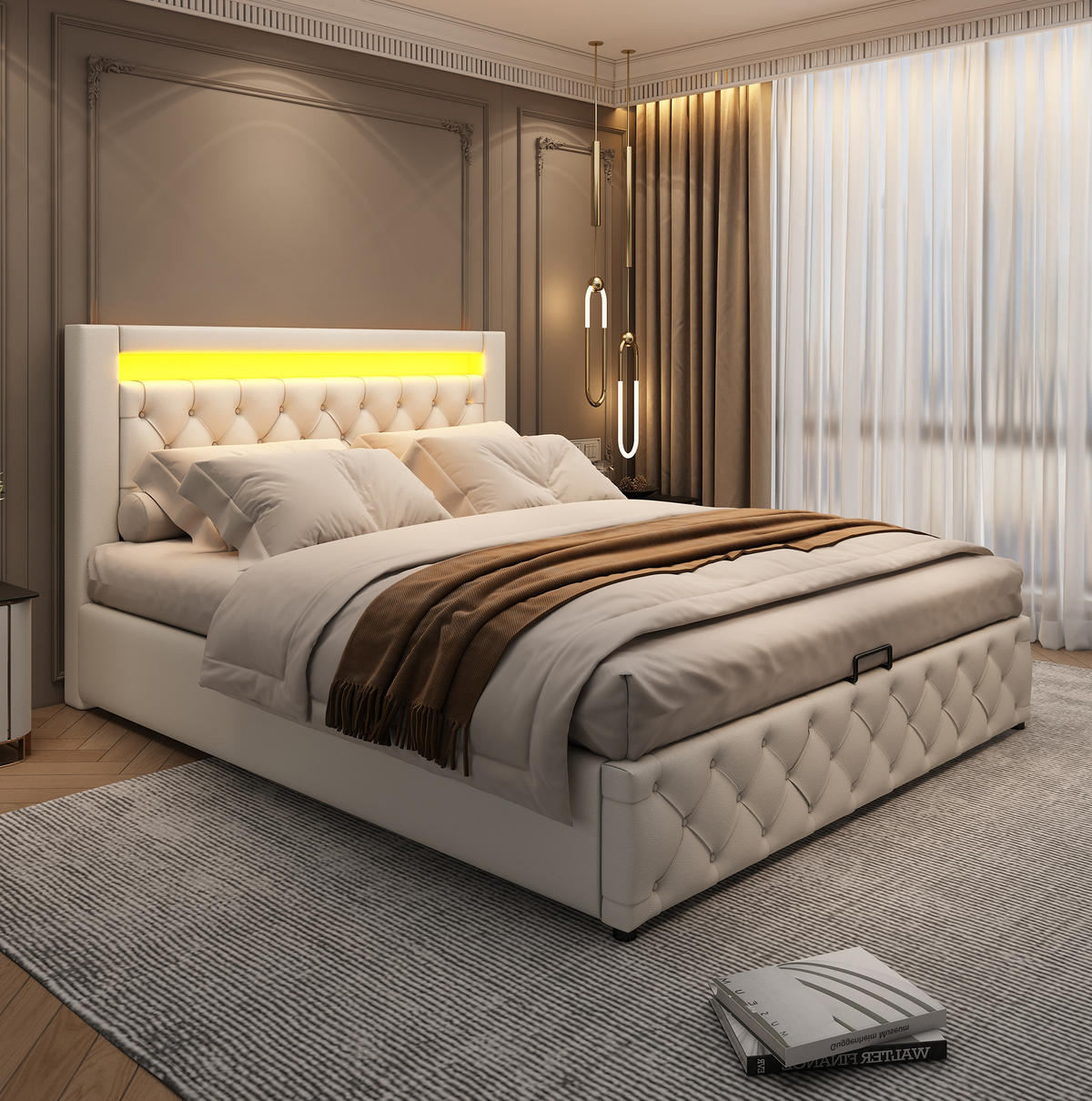 ČALÚNENÁ posteľ, 140/190 cm biela, PU, s roštom, úložným priestorom a LED osvetlením - biela, plast (140/190cm) - BEAOK
