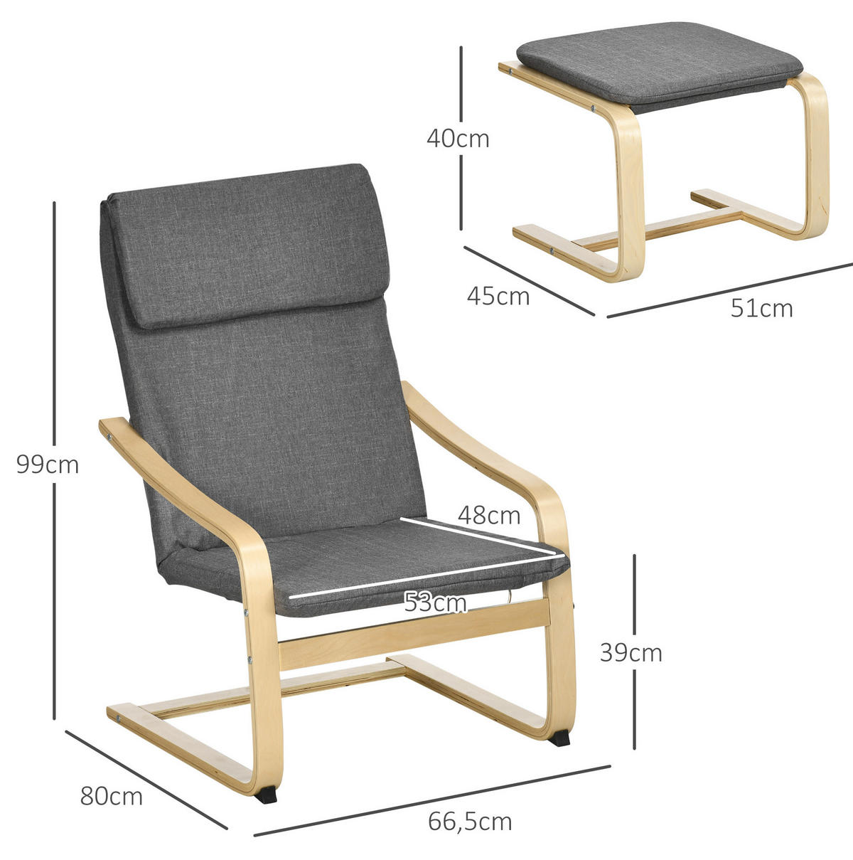 LOUNGESESSEL mit Fußhocker Leinenoptik, Holzgestell 66,5/80/99 cm Grau - Grau, Textil (80/99/66.5cm) - Redom