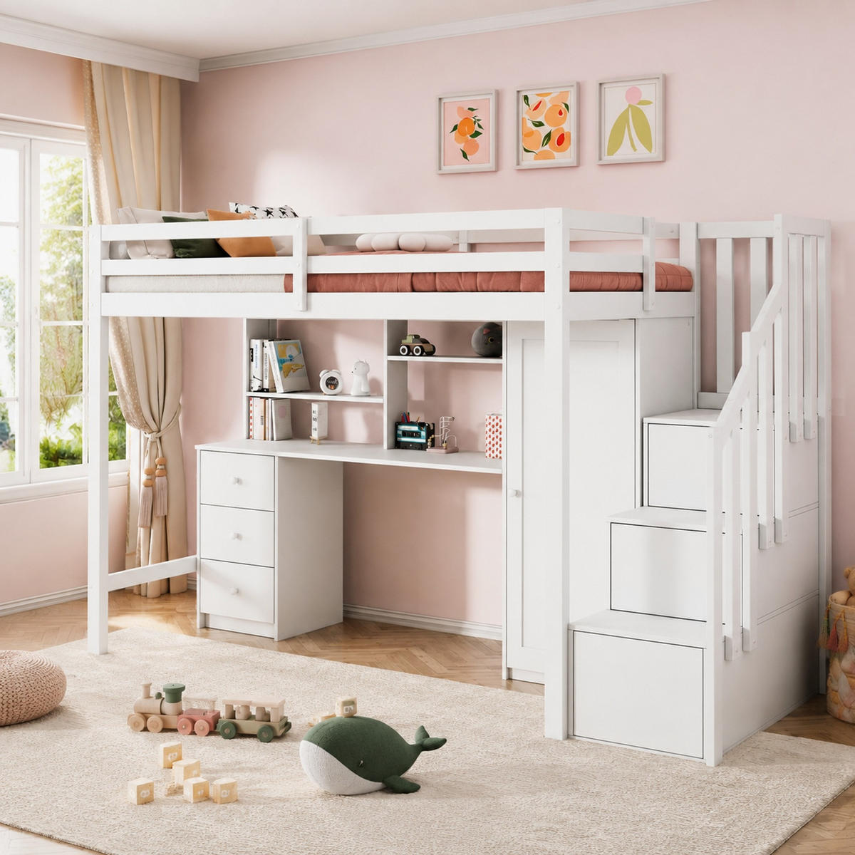 HOCHBETT 90/200 mit Schreibtisch, Kleiderschrank und Treppenschrank in Weiß - Weiß, Holzwerkstoff (90/200cm) - EVRYAE