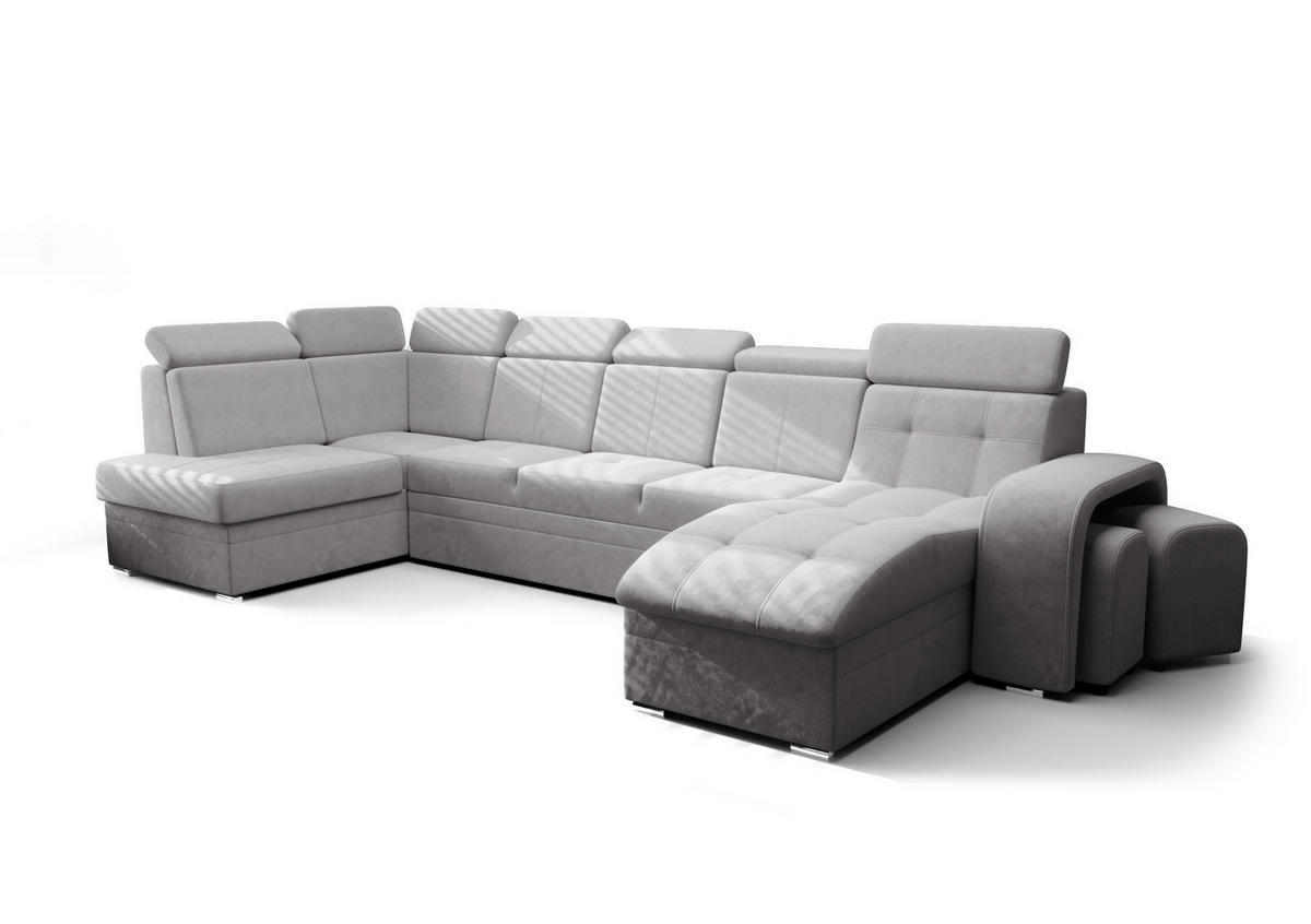 WOHNLANDSCHAFT KONGO RBN13, Eckcouch in U-Form mit Schlaffunktion, Farbe: Grau, Velourstoff, Ottomane Rechts - Grau, Textil (392/108/180cm) - O-Sofa