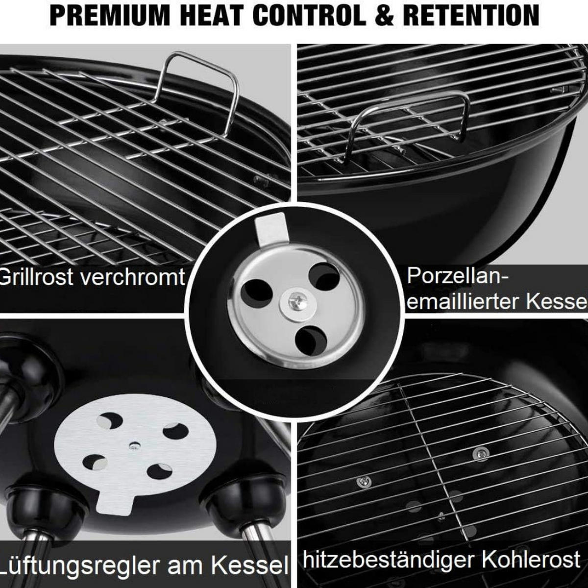 HOLZKOHLEGRILL 502595, 44 cm, Schwarz, Kugelgrill, mit Deckel, BBQ Grill, Outdoor, Garten, Rundgrill, Kohlegrill, Camping, Balkon, Grillwagen - Schwarz, Metall (44/75/44cm) - Resch