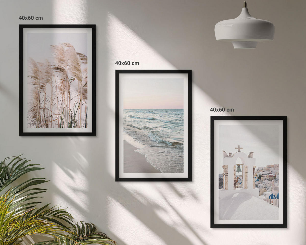 WANDBILDER 3er-Set - 40x60 cm Schwarzer Rahmen - Pflanzen, Meereswellen, Aussicht, Häuser - Schwarz, Kunststoff (40/60cm) - ArtPrintCave