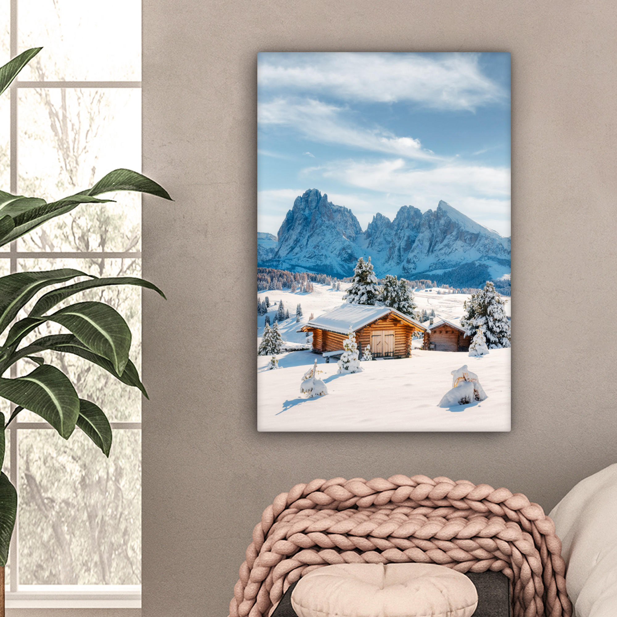 LEINWANDBILD Winter - Hütte - Berge - Aussicht - Schnee 60x90 cm - Eichefarben, Textil (60/90cm) - MuchoWow