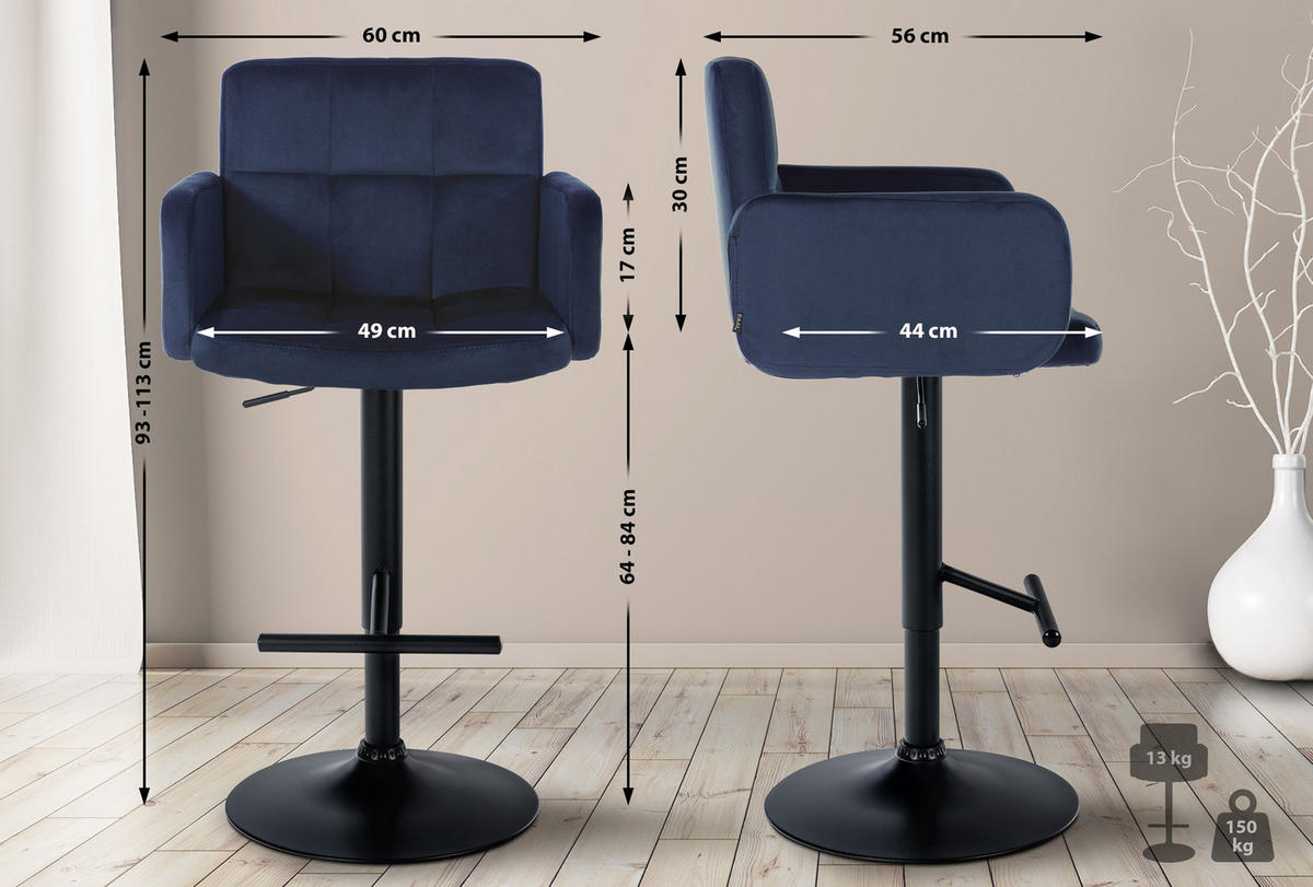 BARHOCKER Lausanne Samt schwarz blau - Blau/Schwarz, Textil/Metall (60/113/56cm) - TPFLiving