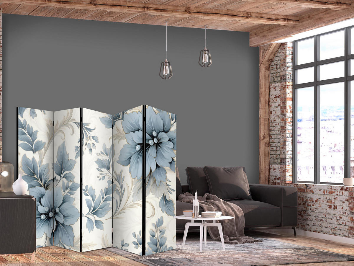 PARAVÁN Obojstranný 5-dielny 225x172 cm Modré Rastliny - modrá, drevo/textil (225/172/3cm) - Muralo