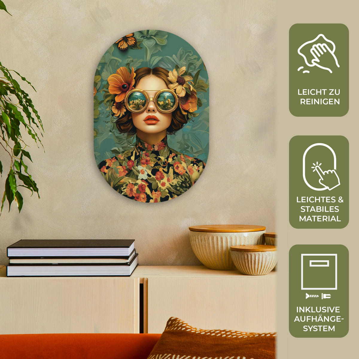 WANDBILD Frau - Blumen - Schmetterlinge - Natur - Vintage 40x60 cm - Petrol, Kunststoff (40/60cm) - MuchoWow