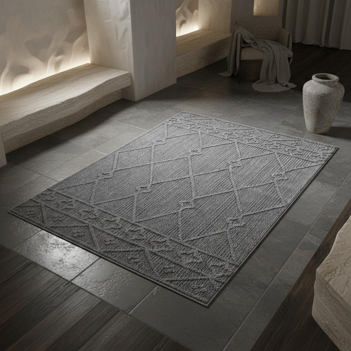 TEPPICH Outdoor Flachgewebe Berber-Muster Polypropylen Terrasse Grau Rechteckig 200x290 - Grau, Textil (200/290cm) - KADIMA DESIGN