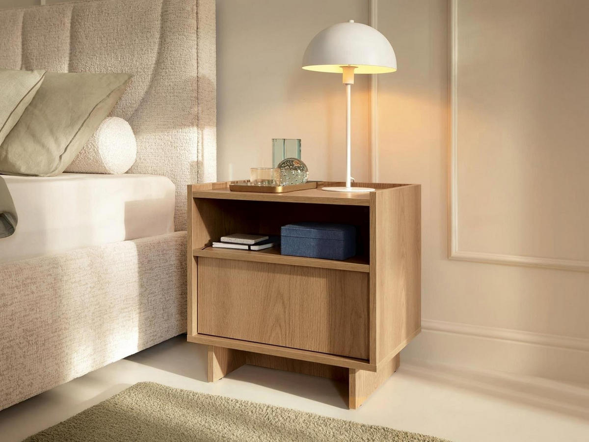 SUNA Nachtschrank Nachttisch Japandi Design Eiche Caramel grifflos 50 cm breit - Braun, Holzwerkstoff (50/51/39cm) - Bettso