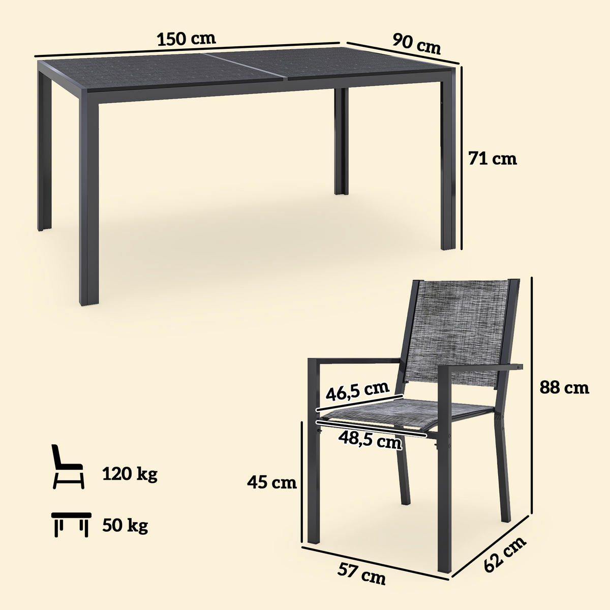 GARTENTISCHGRUPPE DE-18102 150 cm Tisch mit Lattenplatte, 6 Stühle Schwarz - Schwarz, Metall - ComfortXL