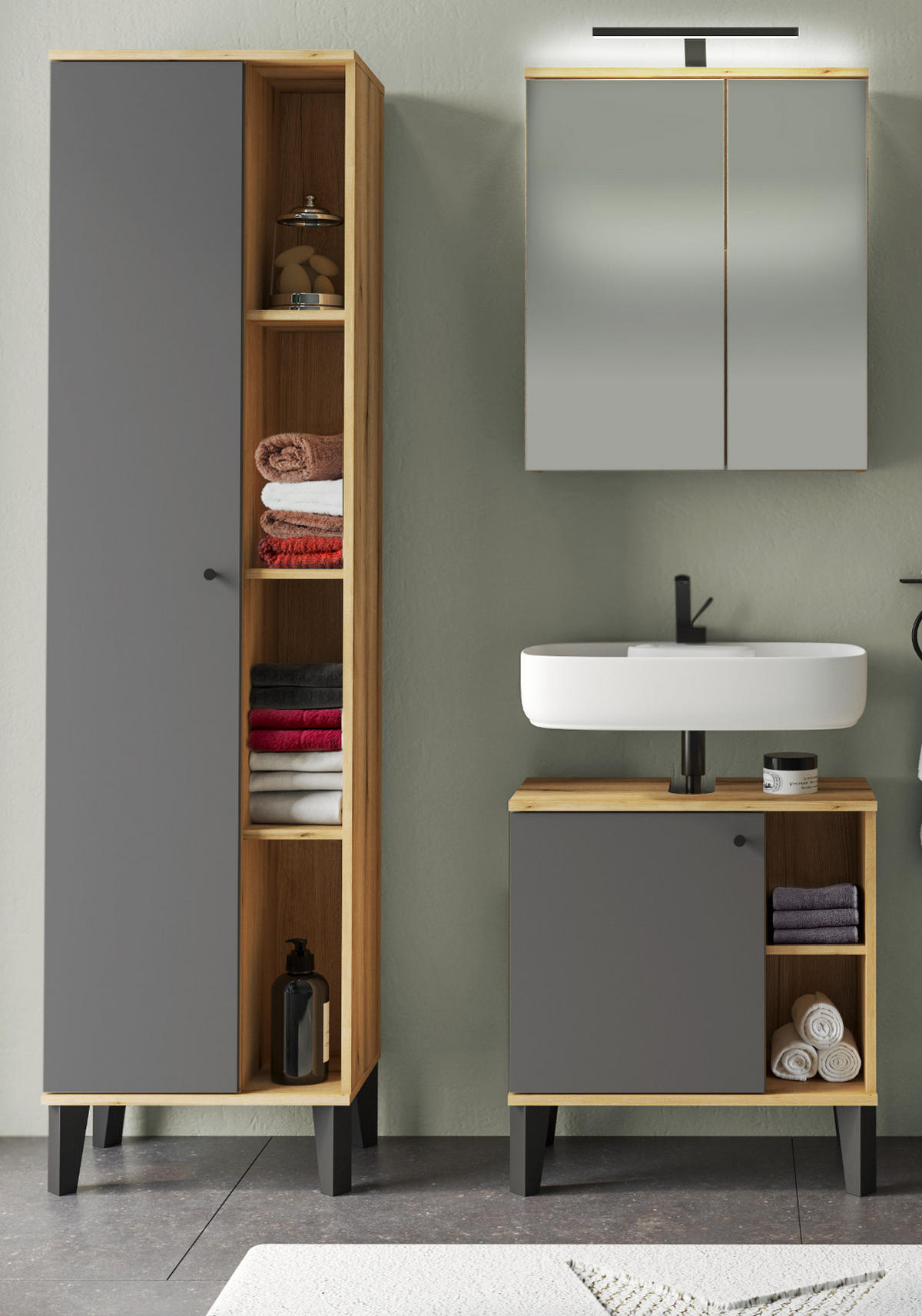 BADMÖBEL-SET 3-teilig grau, Evoke Eiche, Badkombination 121 x 190 cm - Eichefarben/Grau, Glas/Holzwerkstoff (121/190/33cm) - Furn.Design