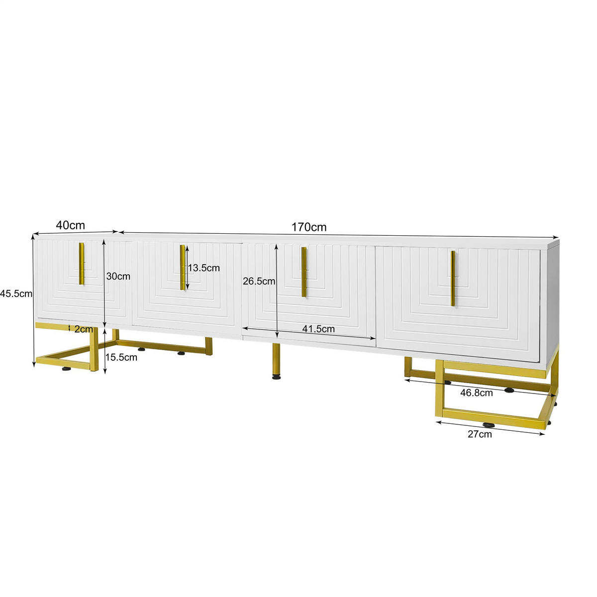LOWBOARD in Weiß und Gold TV-Schrank mit strukturierter Tür für Wohnzimmer, B170/T40/H45.5 cm - Goldfarben/Weiß, Holzwerkstoff/Metall (170/45.5/40cm) - STILVORA