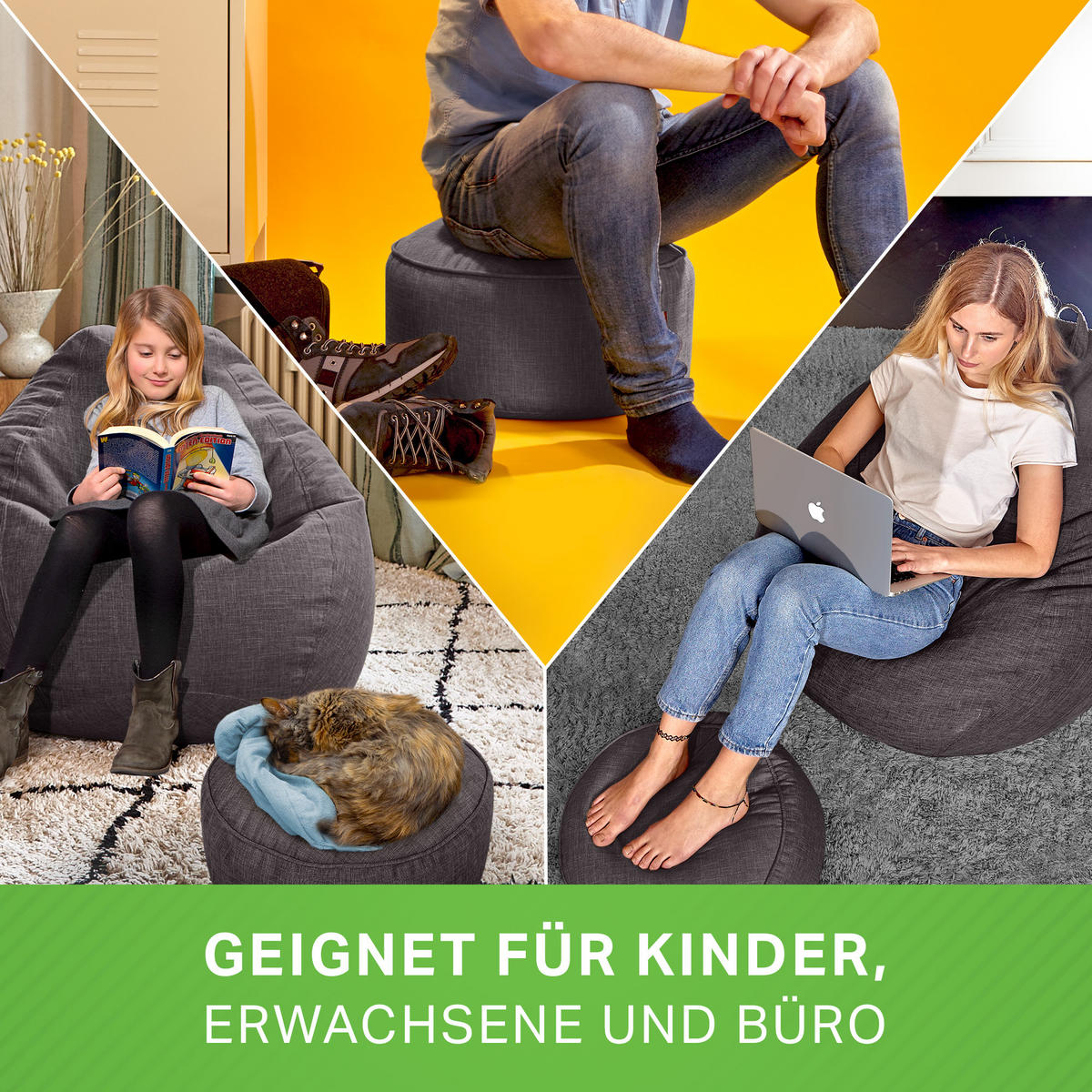 SITZSACK Indoor Set "Home Linen“+Hocker - Dunkelgrau, Textil (80/90/50cm) - Green Bean