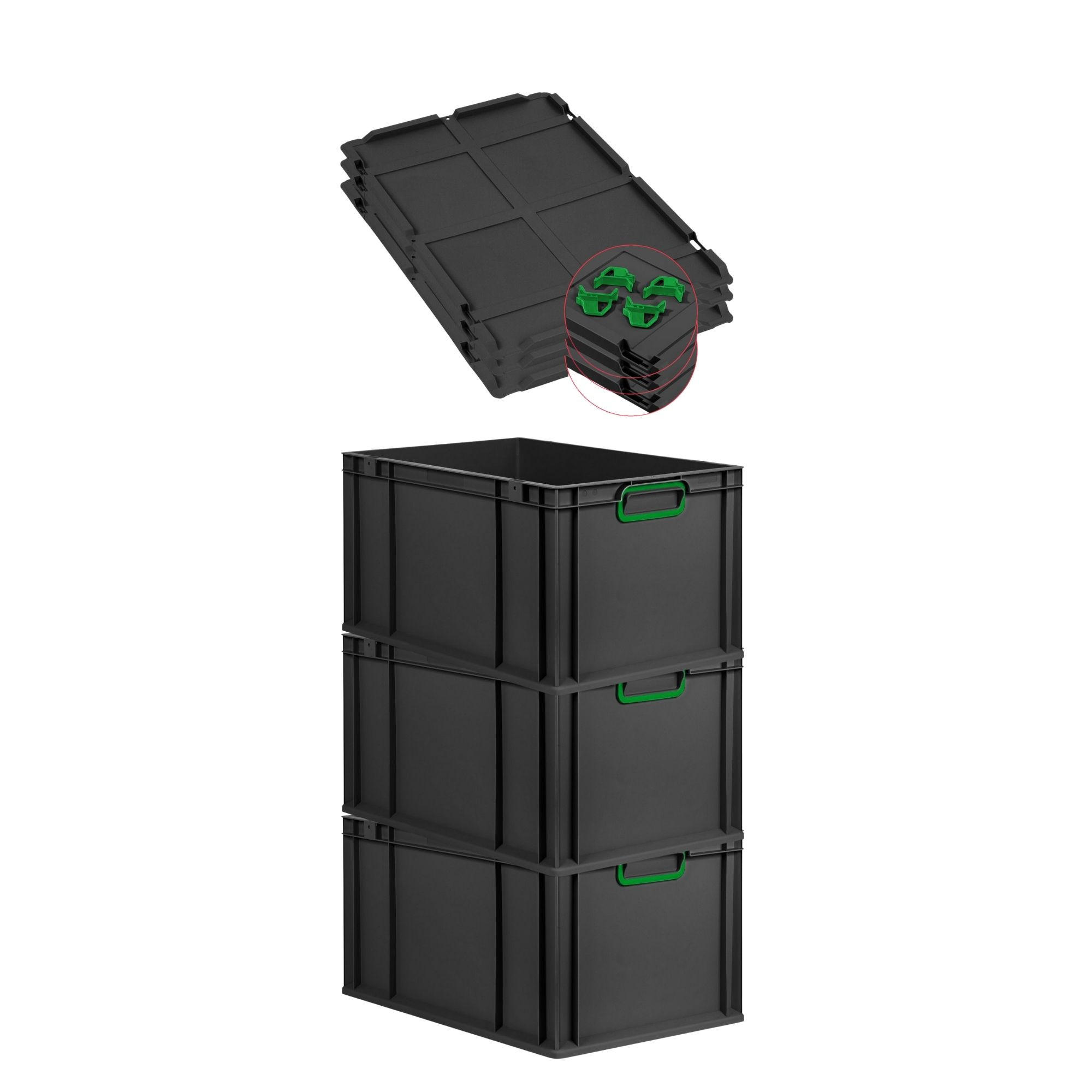 EUROBOX 3x NextGen Color mit Auflagedeckel 32x40x60 cm 65 Liter Schwarz Griffe grün zu - Schwarz/Grün, Kunststoff (40/32/60cm) - PROREGAL