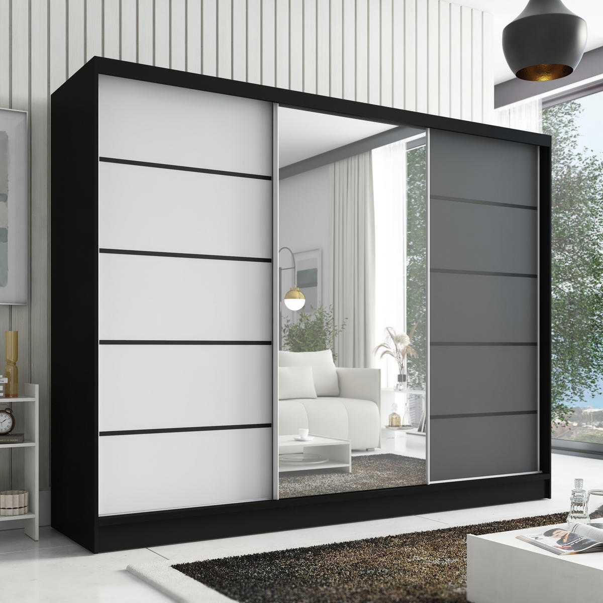 SCHWEBETÜRENSCHRANK 200 cm AURELIA 2 Farbe: Schwarz, Weiß, Graphit - Schwarz/Graphitfarben, Holzwerkstoff (200/215/60cm) - A&J MöbelLand