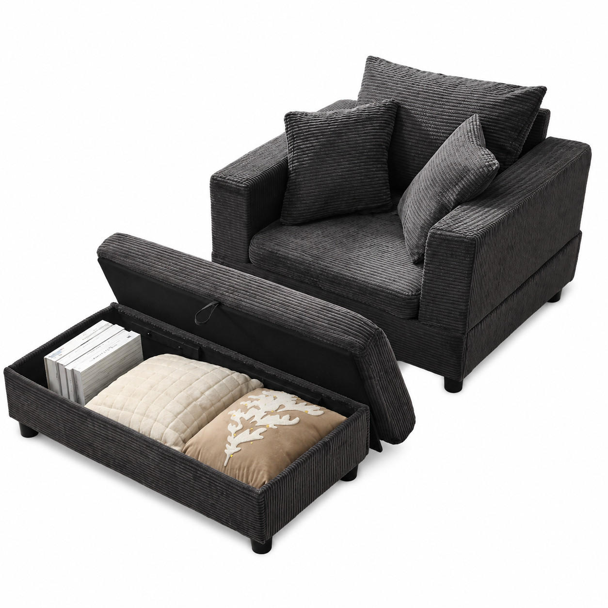 SOFA Cord Grau mit Stauraum und mit Kissen - Grau, Holzwerkstoff/Kunststoff (137.5/89/81cm) - WISHDOR