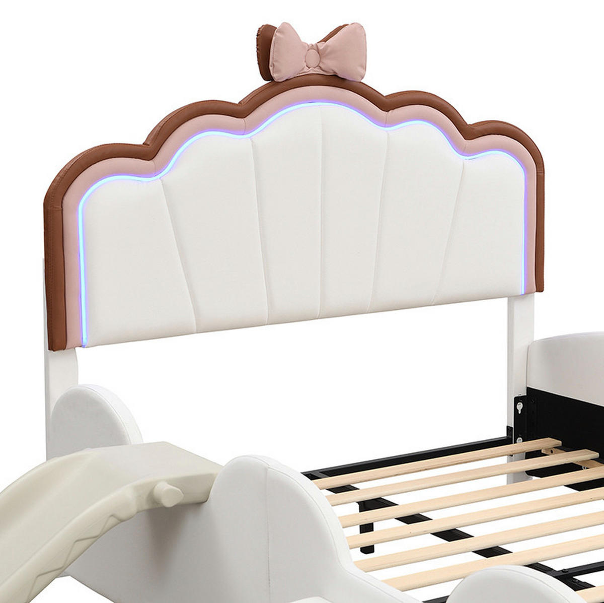 KINDERBETT aus PU und MDF 140x200 cm Rosa und Weiß mit Rutsche, Stufen und LED-Beleuchtung - Rosa, Kunststoff (140/200cm) - IVMEU