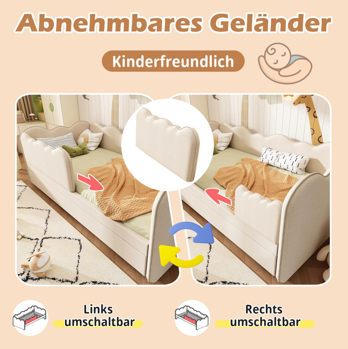 KINDERBETT 90/190 cm mit Ausziehbett, Wolkenform und gepolsterter Rückenlehne, Beige - Beige, Textil (90/190cm) - Redom