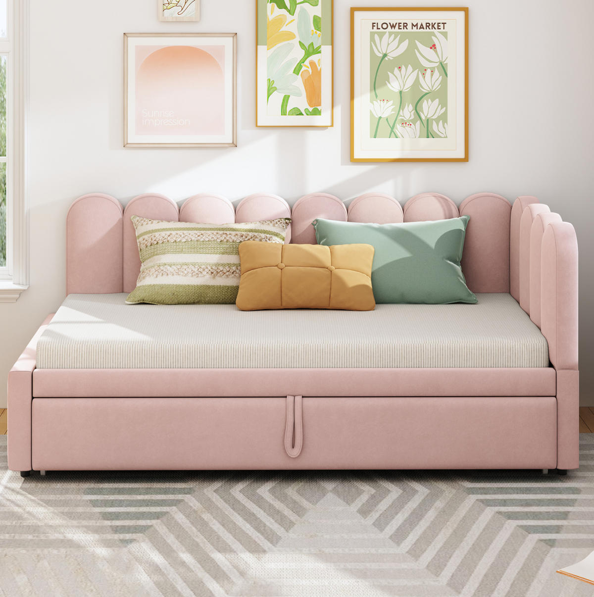 SAMT-POLSTERBETT 90/200 cm in Rosa mit Ausziehbett und gepolstertem Kopfteil - Rosa, Textil (90/200cm) - BEAOK