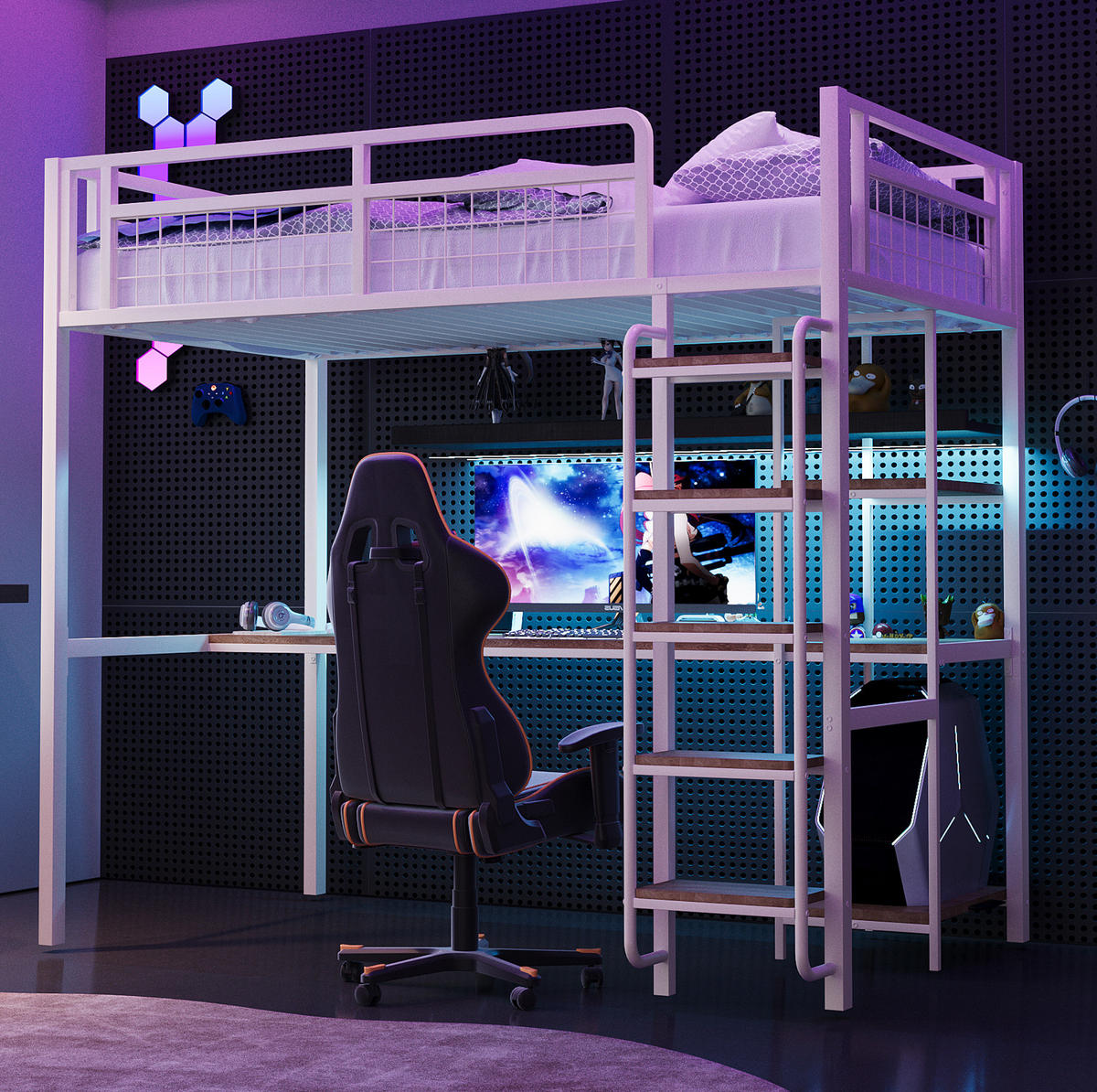 HOCHBETT 90/200 cm Weiß aus Metall und MDF mit Tisch und Regalen - Weiß, Metall (90/200cm) - OKMYHOME