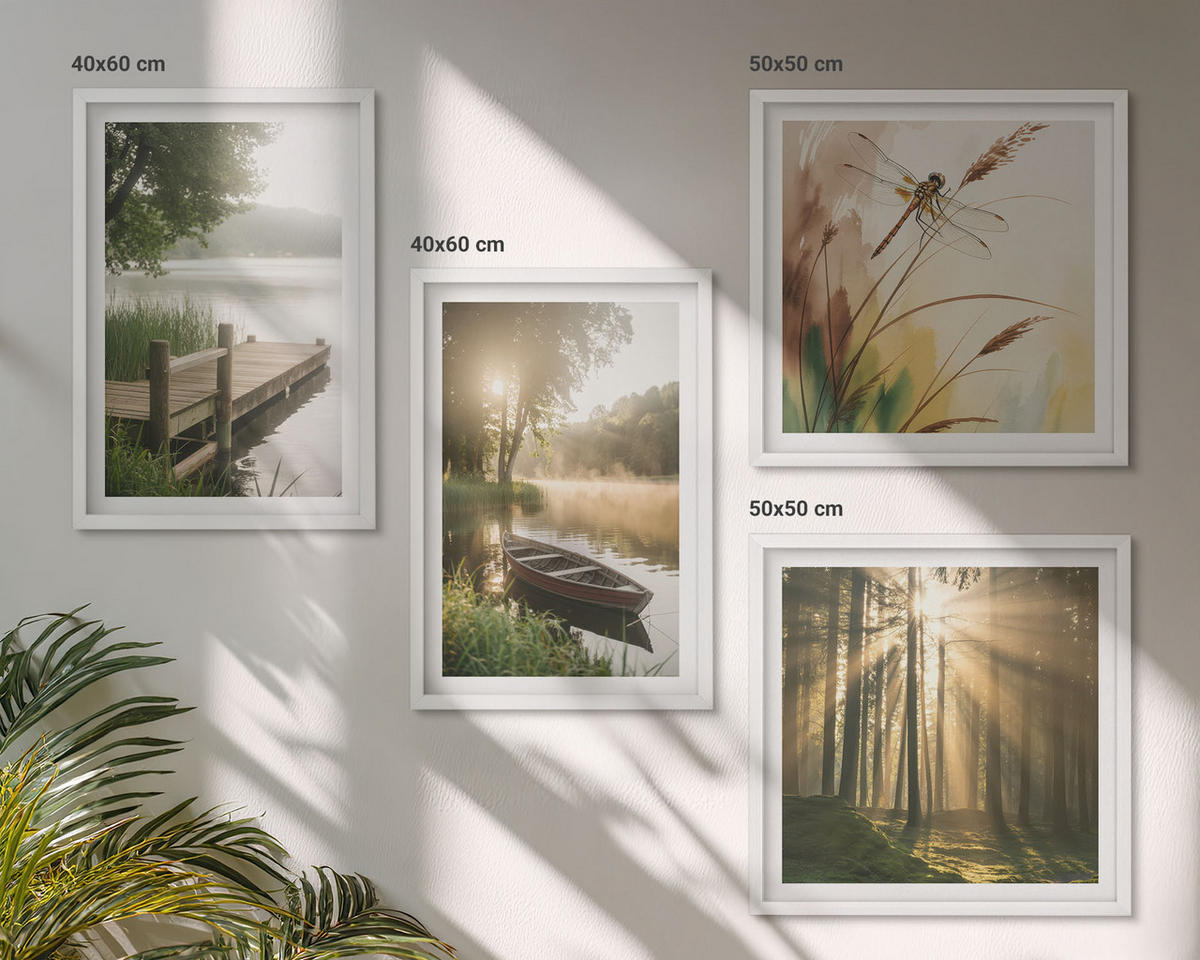 BILDER SET 4er Set - 50x50 cm & 40x60 cm Weißer Rahmen - See, Wald, Boot, Morgennebel - Weiß, Kunststoff (50/50cm) - TULUP