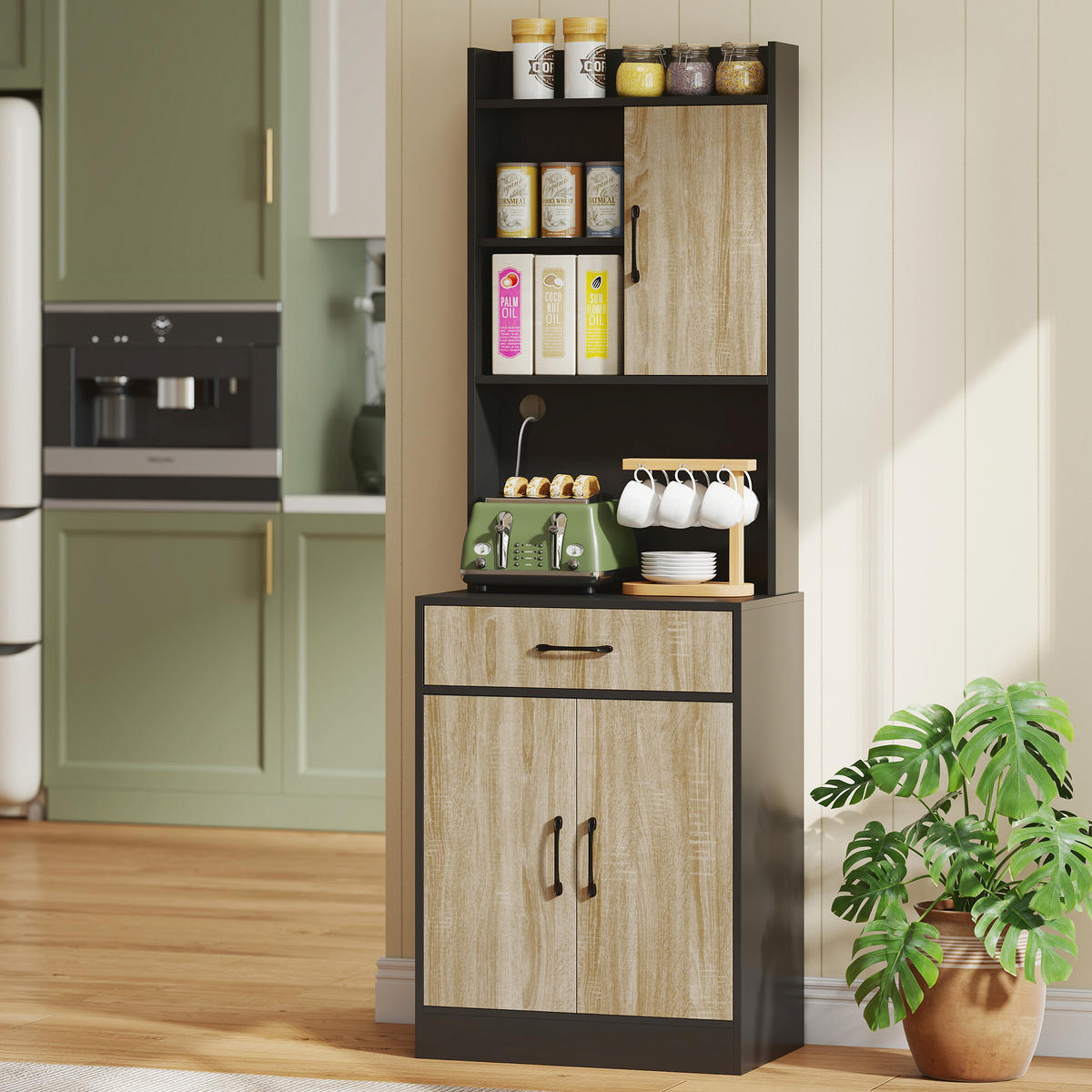 KÜCHENSCHRANK Hochschrank mit 3 Türen, Schublade, Mikrowellenablage, Kabelloch - Schwarz, Holzwerkstoff (40/180/60cm) - HOMCOM