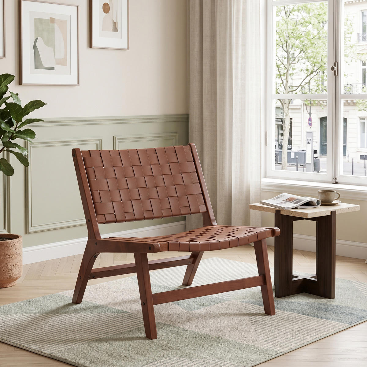 SESSEL Braun PU-Geflecht Schachbrettmuster Holzgestell Ohne Armlehnen - Braun, Leder (71/72/66cm) - Urban Meuble