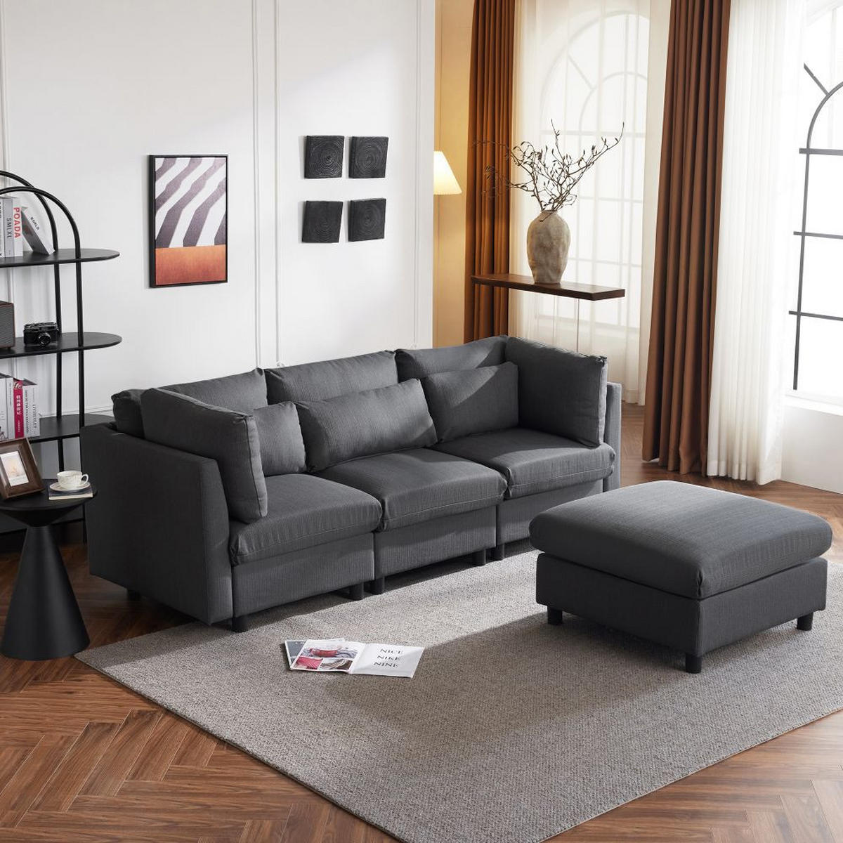 ECKSOFA in Grau Leinen mit Fußhocker - Grau, Textil (83/220cm) - KOMHTOM