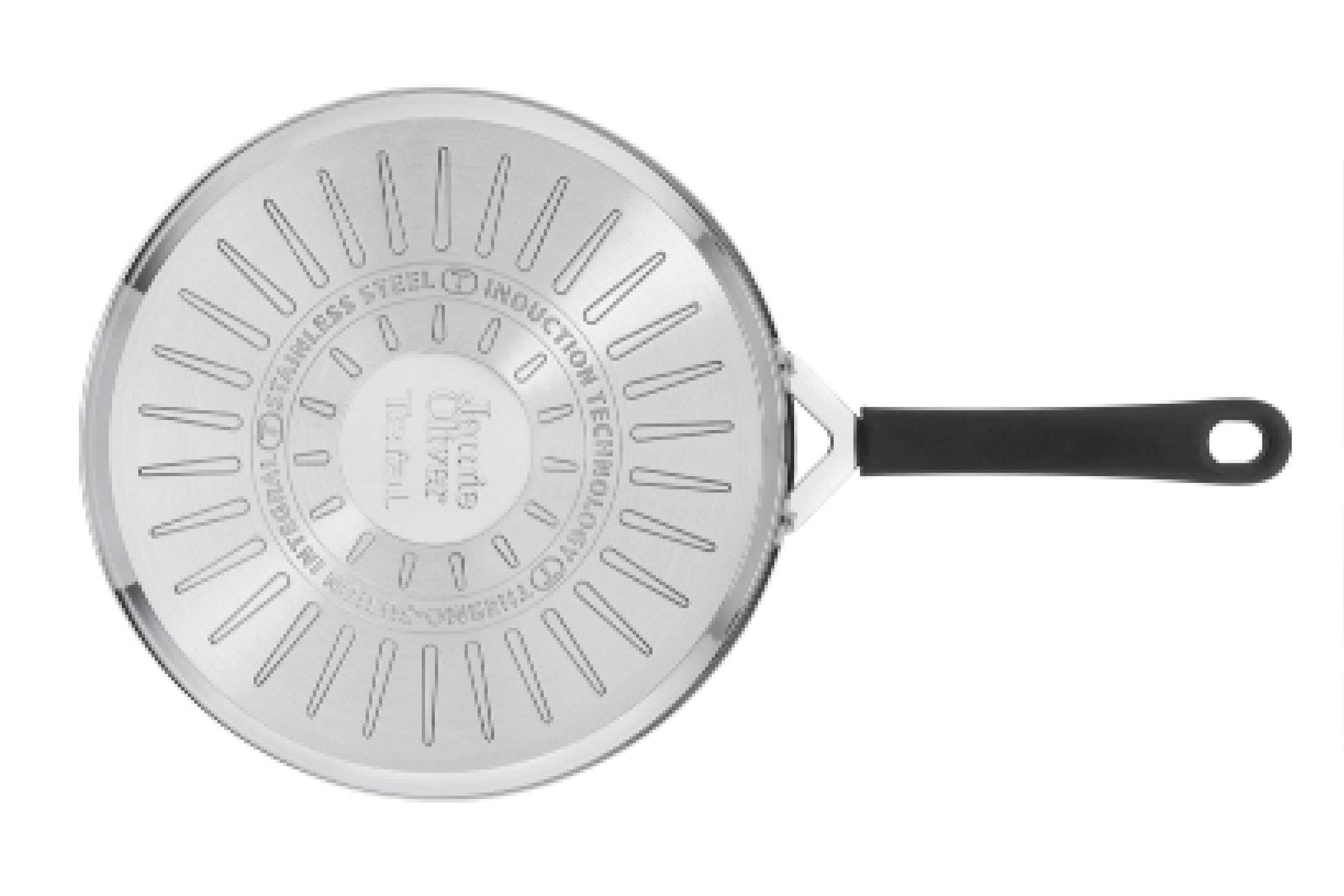 Stekpanna med svart non-stick-beläggning, röd Thermo-Spot-indikator i mitten och ett svart handtag med texten &apos;Jamie Oliver Tefal&apos;