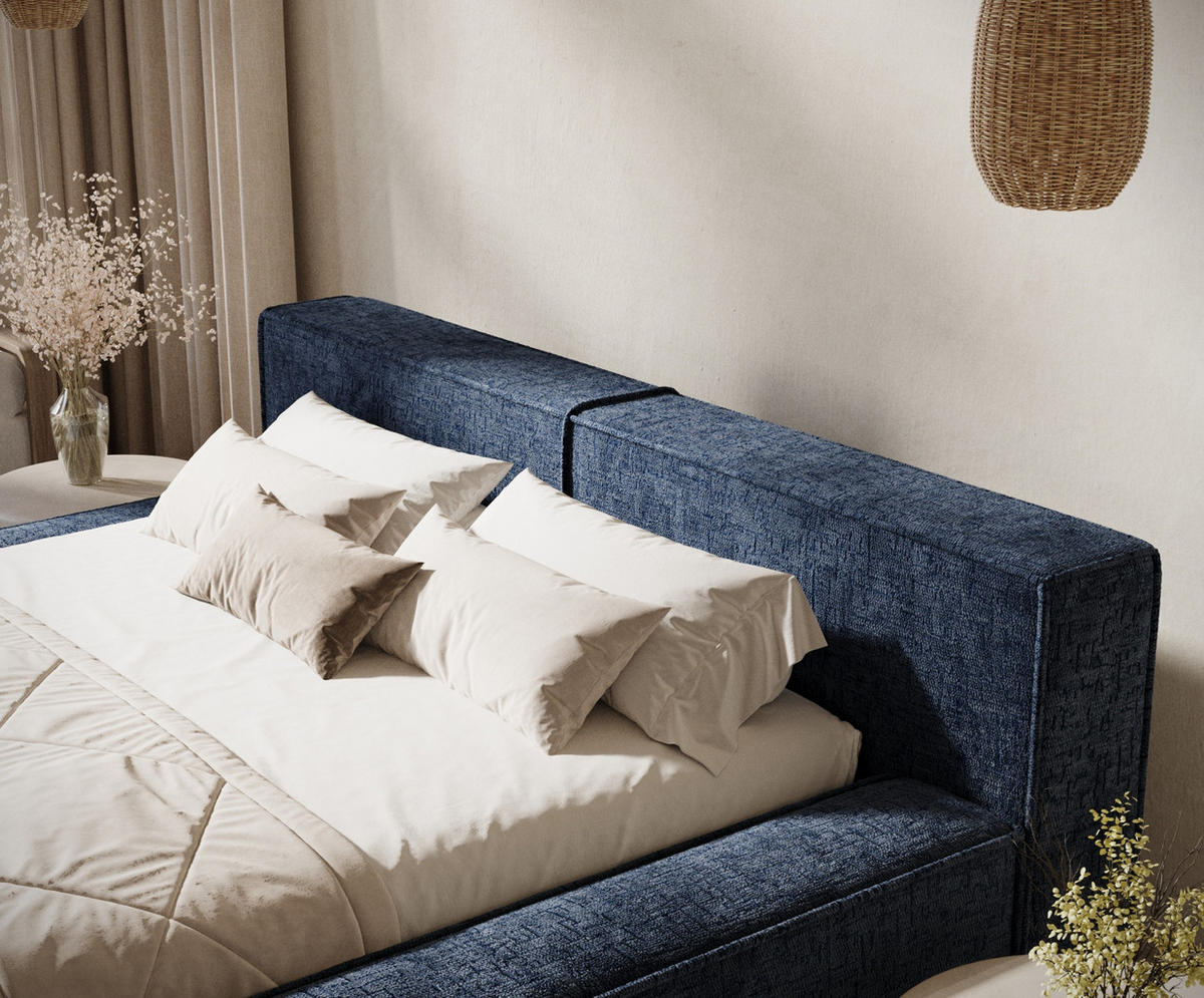 POLSTERBETT Voliera Marineblau 140/200 cm im Chenille-Stoff - Birkefarben/Schwarz, Holz/Holzwerkstoff (140/200cm) - Maison de Reve