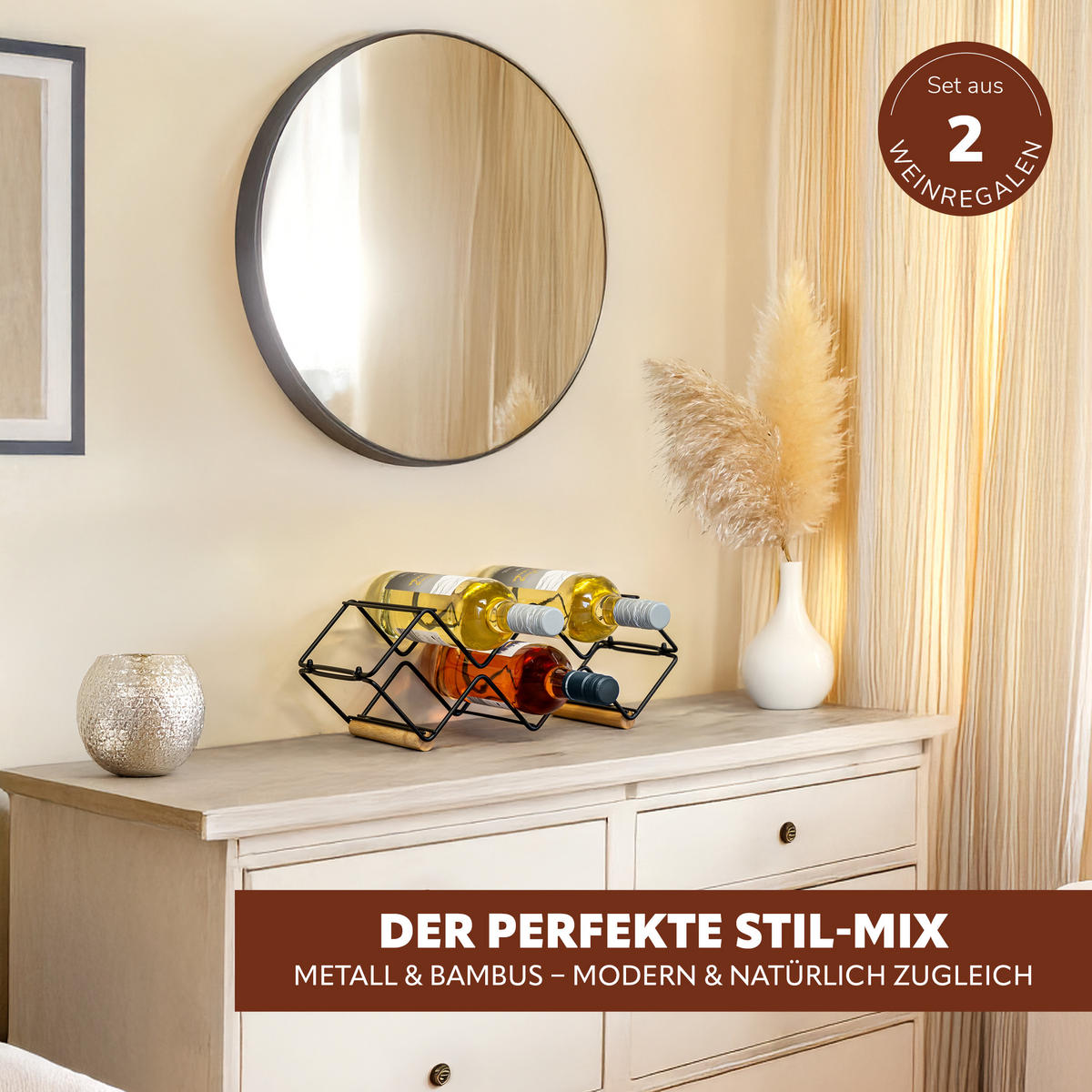 WEINREGAL 2er-Set, Bambus Metall - Schwarz, Metall (39/14.5/15cm) - eluno