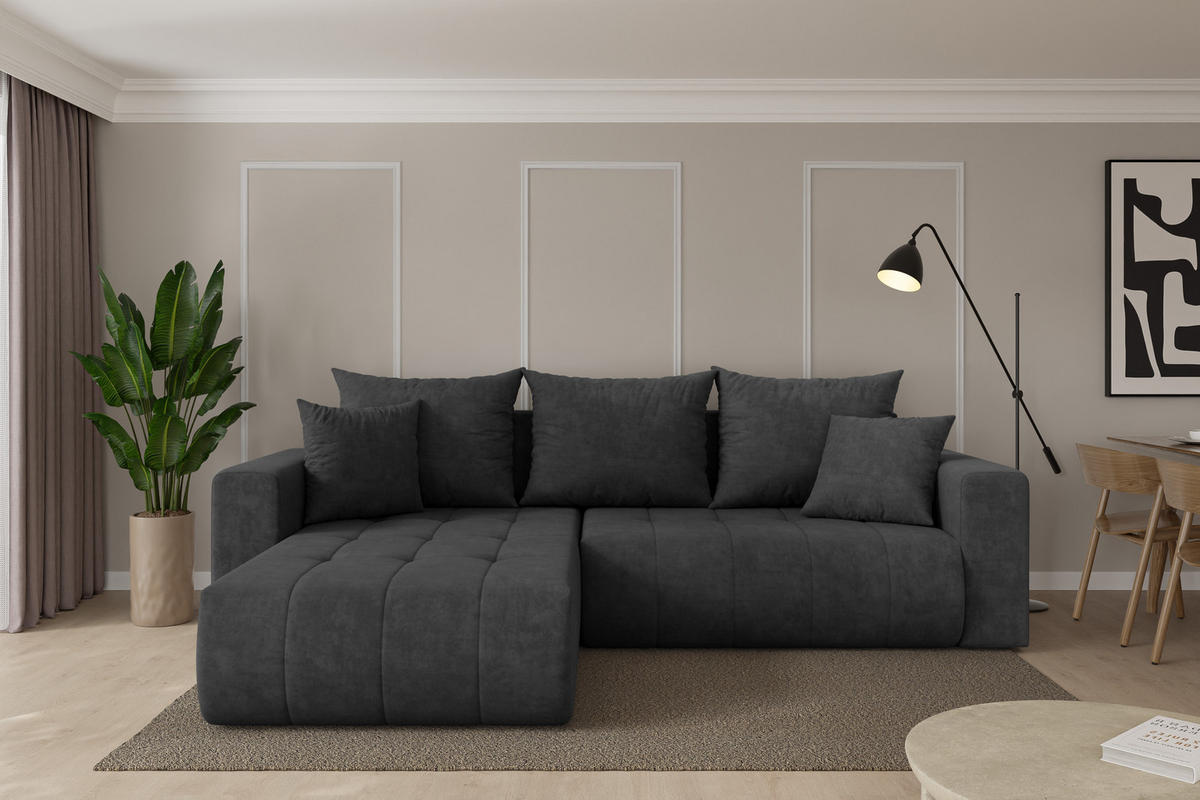 ROHOVÁ SEDAČKA s funkcí spaní, otoman vlevo MILA-L 277x194x86 tmavě šedá velur - černá/antracitová, kompozitní dřevo/textil (277/194cm) - ALTDECOR