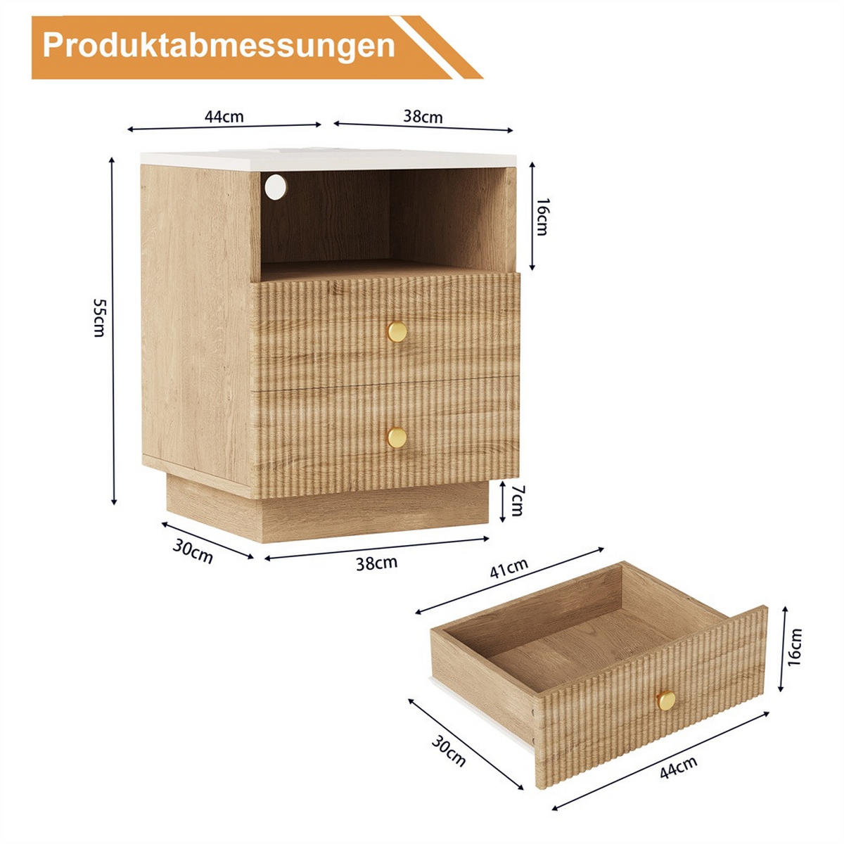 NACHTTISCH 2er Set - Nachtkonsole mit 2 Schubladen & Offenem Fach - 7-Farben-LED & Ladefunktion - Natur - Naturfarben, Holzwerkstoff (44/55/38cm) - DELFA