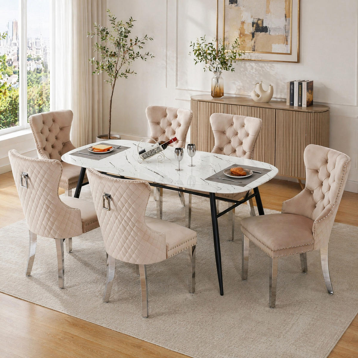 WOHNZIMMER STÜHLE mit Nagelkopfbesatz, Samtbezug und Metallbeinen Beige - Beige, Textil (53/94.5/62.5cm) - EVRYAE