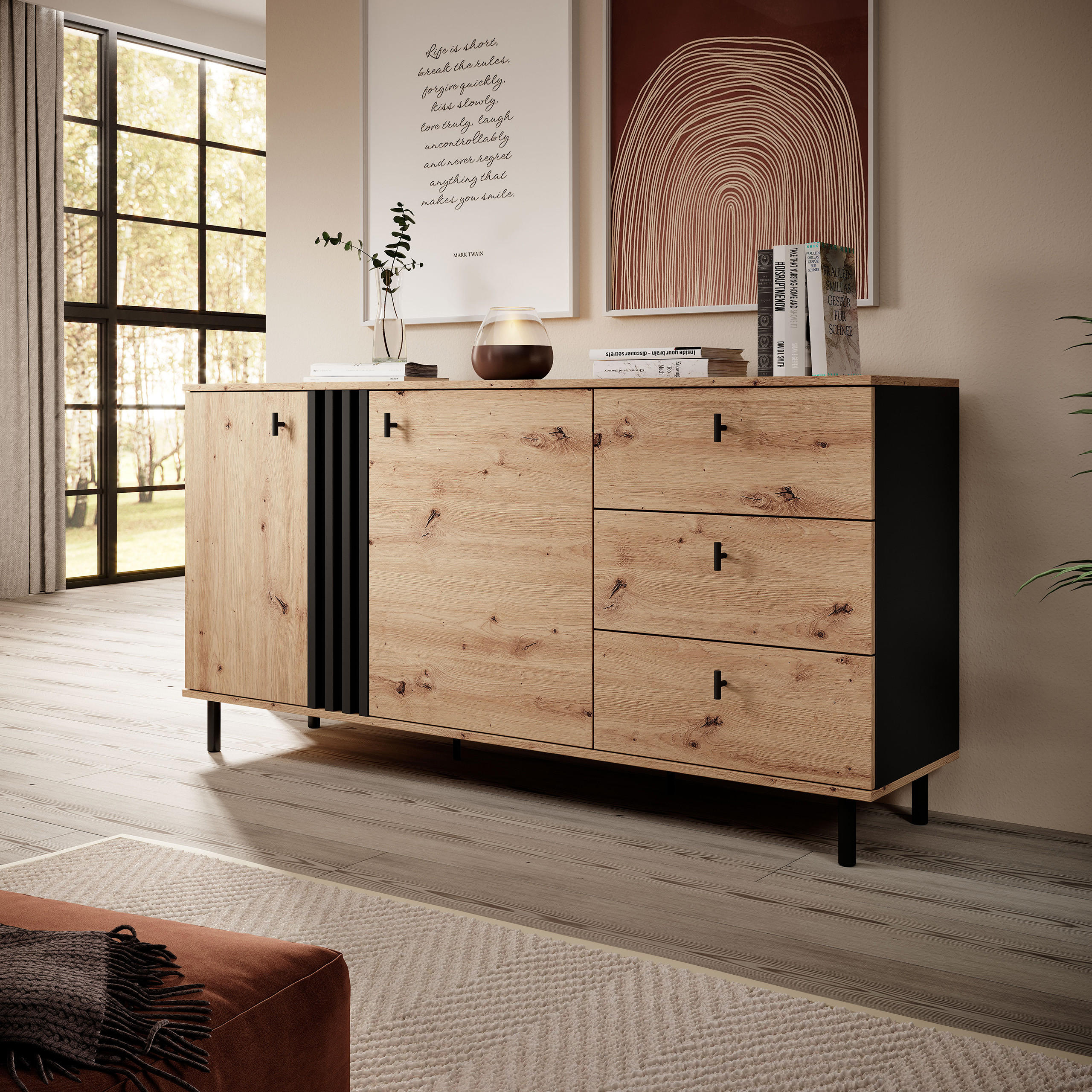 SIDEBOARD MADDALENA 165/83/40 cm mit 3 Schubladen und 2 Türen Anthrazit - Eiche Artisan, Holzwerkstoff (165/83/40cm) - MASSENO