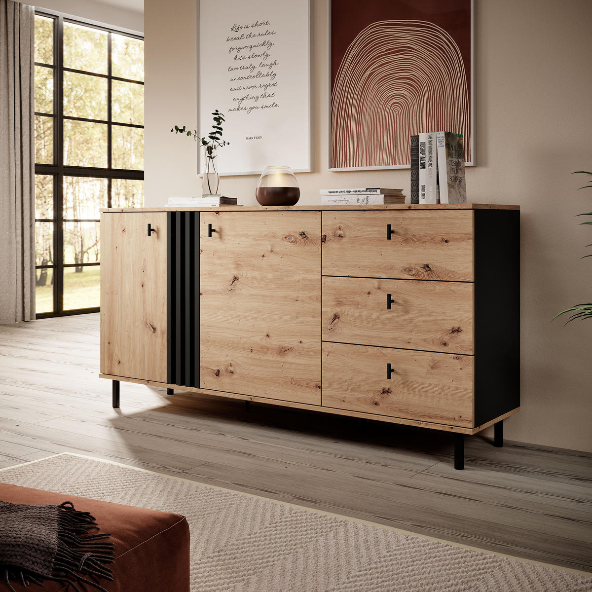 SIDEBOARD MADDALENA 165/83/40 cm mit 3 Schubladen und 2 Türen Anthrazit - Eiche Artisan, Holzwerkstoff (165/83/40cm) - MASSENO