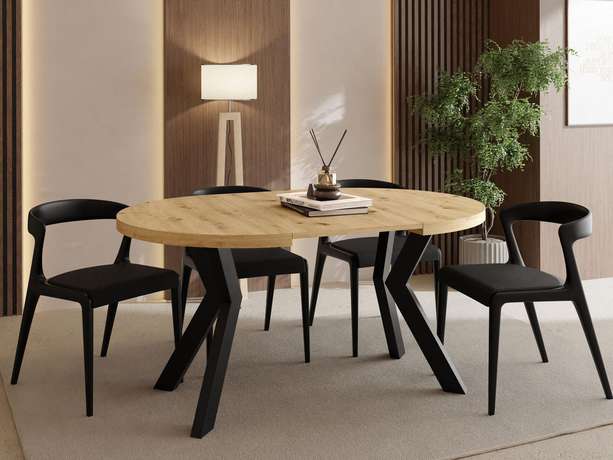 ESSTISCH Savio rund ausziehbar verlängerbar, Eiche Artisan Hellbraun 80-130/80/77 cm - Schwarz/Eiche Artisan, Holz/Holzwerkstoff (80/80/77cm) - WFL GROUP